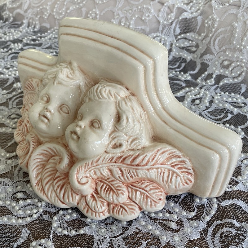 Vintage Pastel Pink Cherubs Wall Shelf, Shabby Chic Victorian Angels, Wall Sconce, Porcelain
