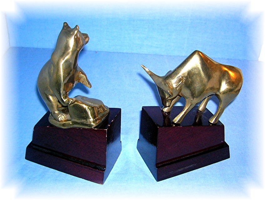 Brass Wall Street Bull and Bear Wood Base Ornaments
