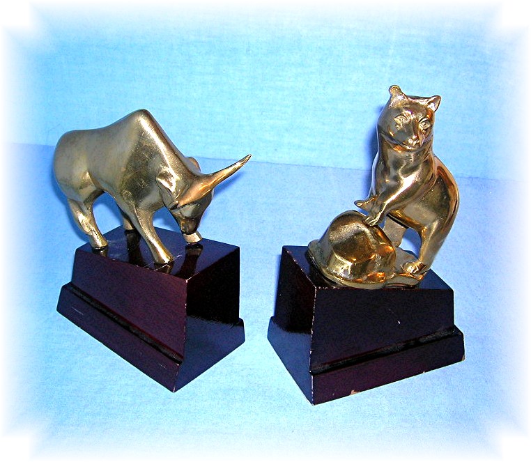 Brass Wall Street Bull and Bear Wood Base Ornaments