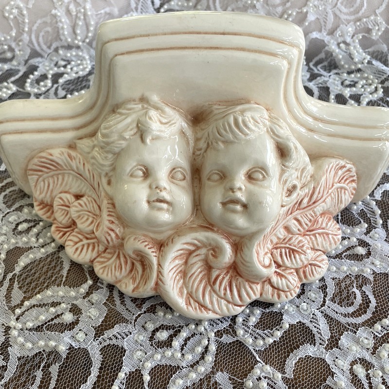 Vintage Pastel Pink Cherubs Wall Shelf, Shabby Chic Victorian Angels, Wall Sconce, Porcelain