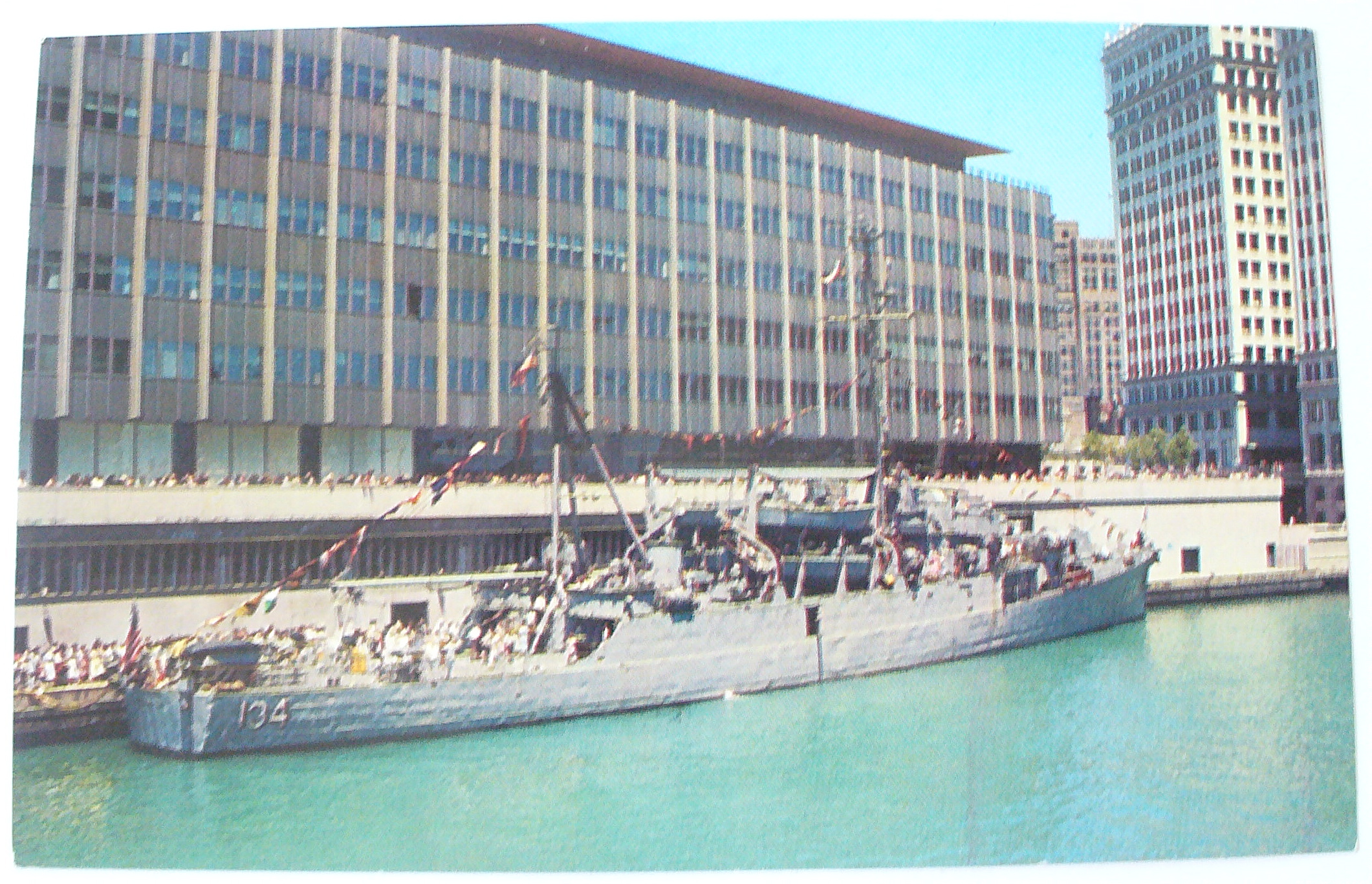 Navy Ship Docked At Sun Times News Building Postcard