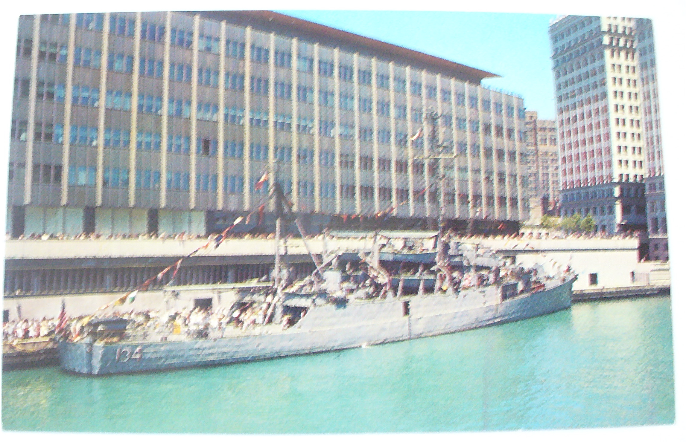Navy Ship Docked At Sun Times News Building Postcard