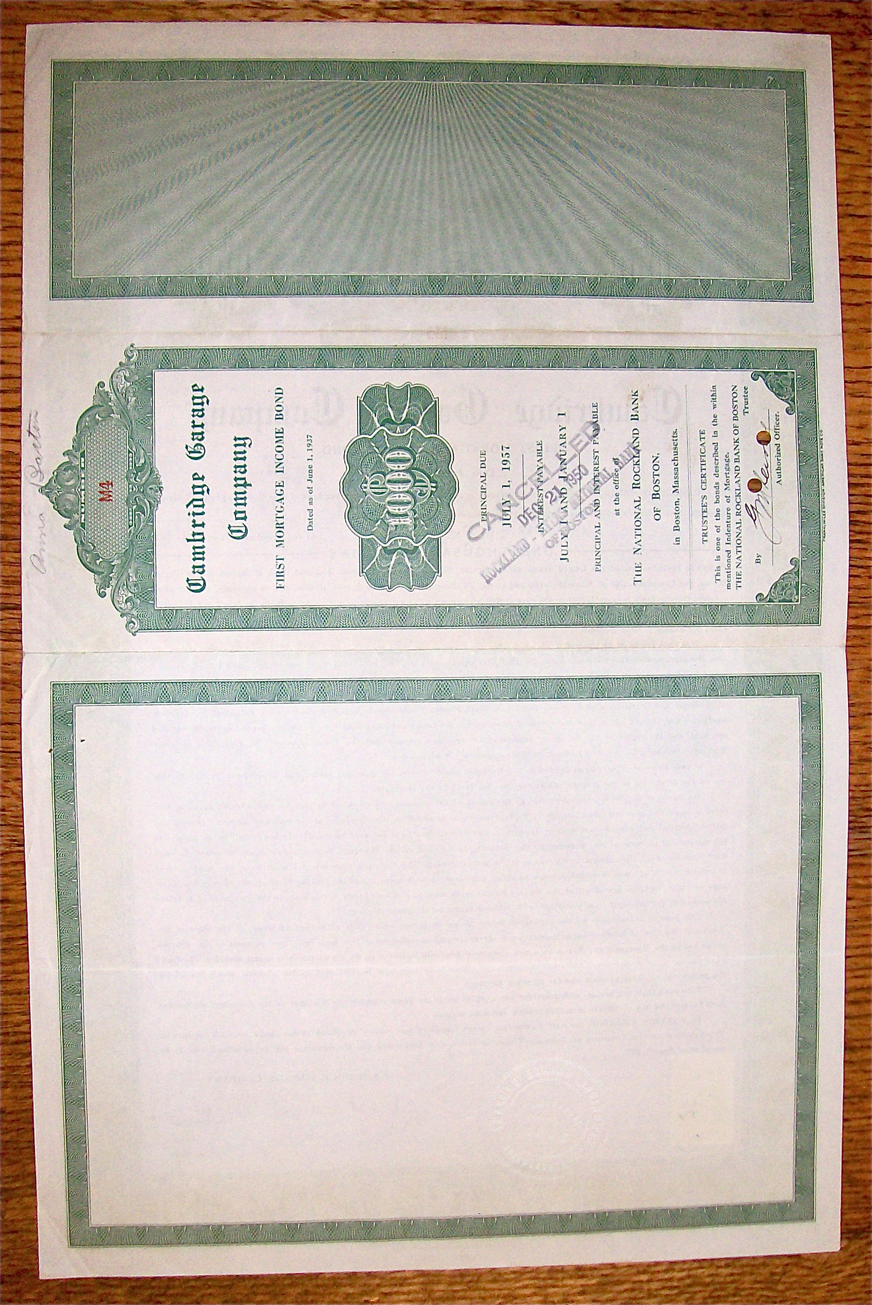 1938 Cambridge Garage Company $1000 Bond