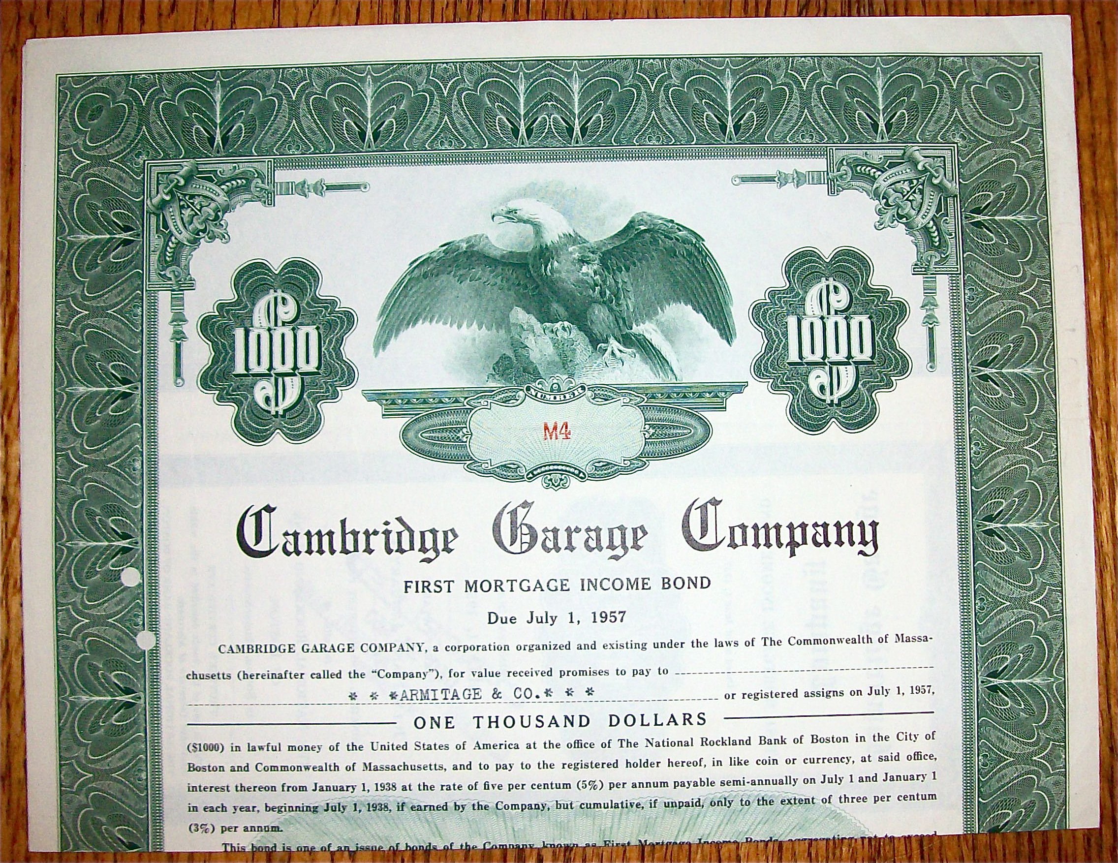 1938 Cambridge Garage Company $1000 Bond