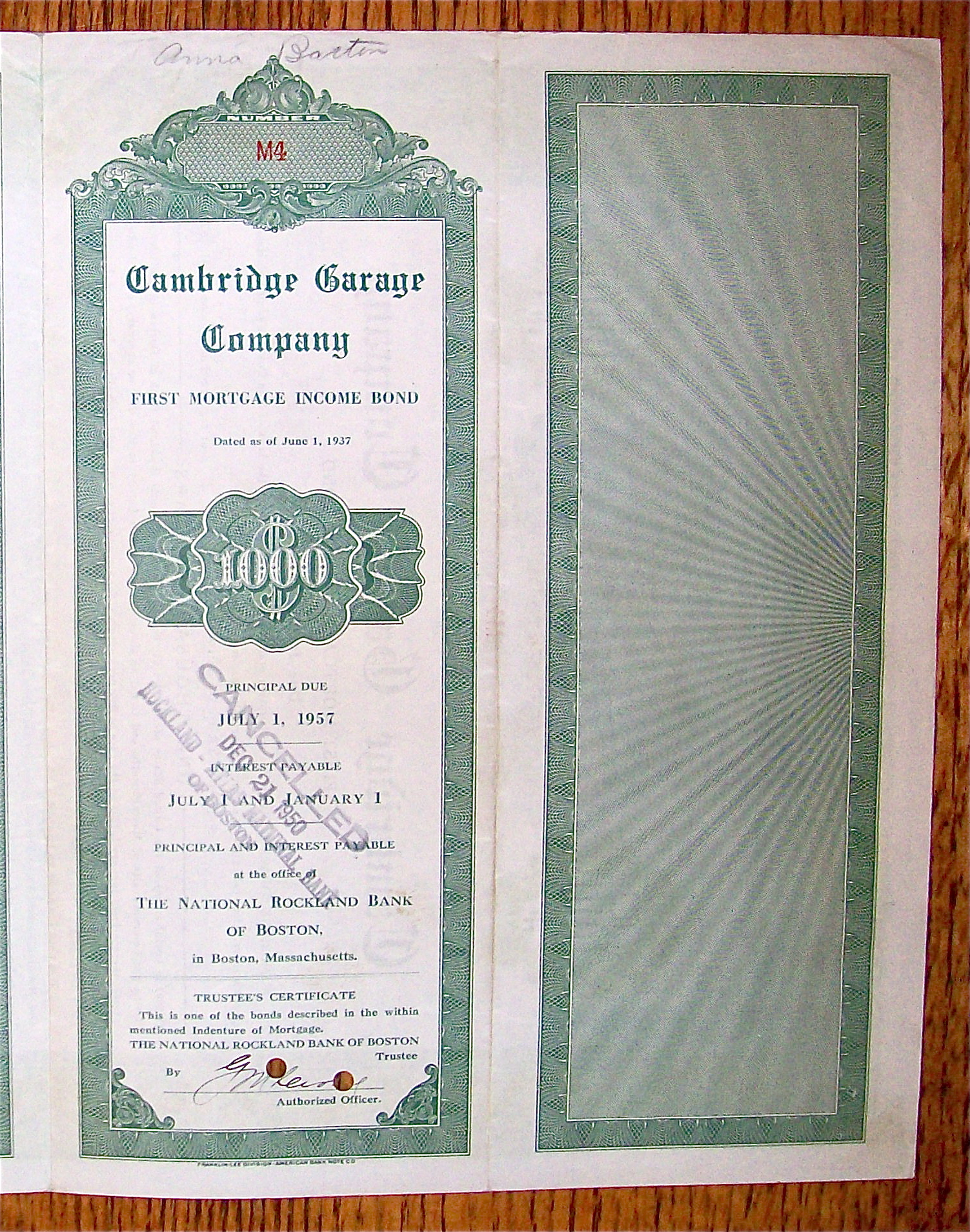1938 Cambridge Garage Company $1000 Bond