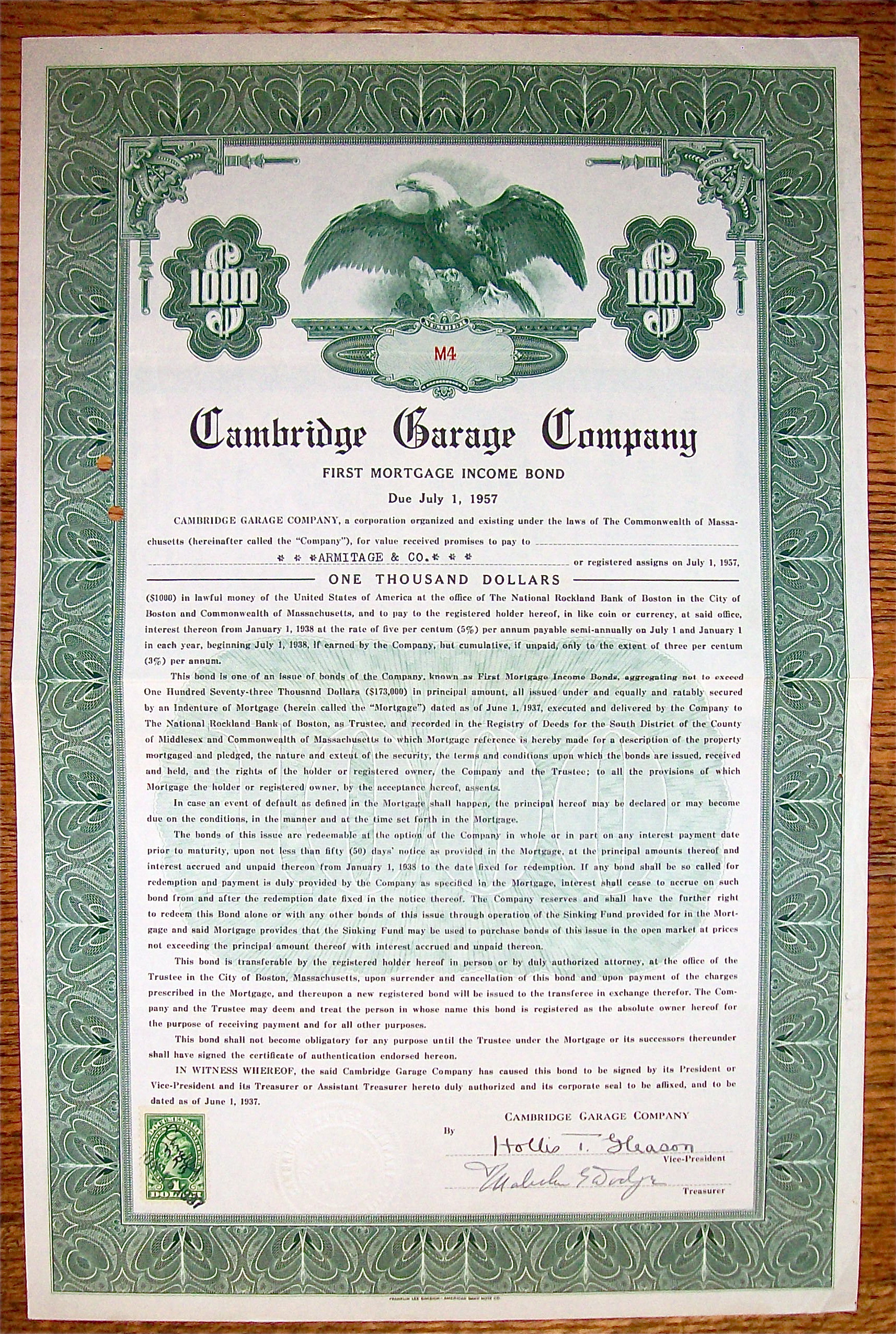 1938 Cambridge Garage Company $1000 Bond