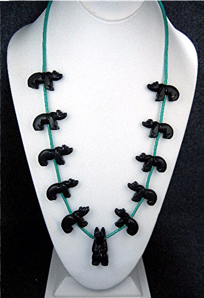 Native American Carved Jet Bears Turquoise Sterling Sil