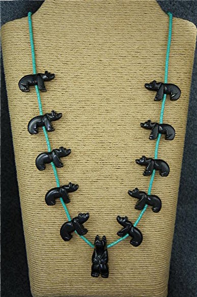 Native American Carved Jet Bears Turquoise Sterling Sil