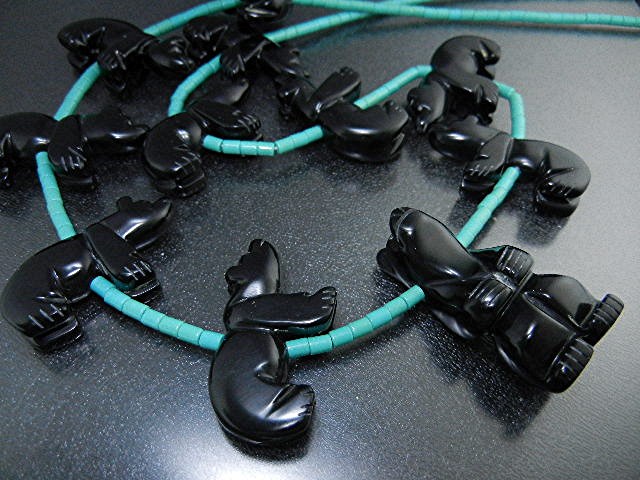 Native American Carved Jet Bears Turquoise Sterling Sil