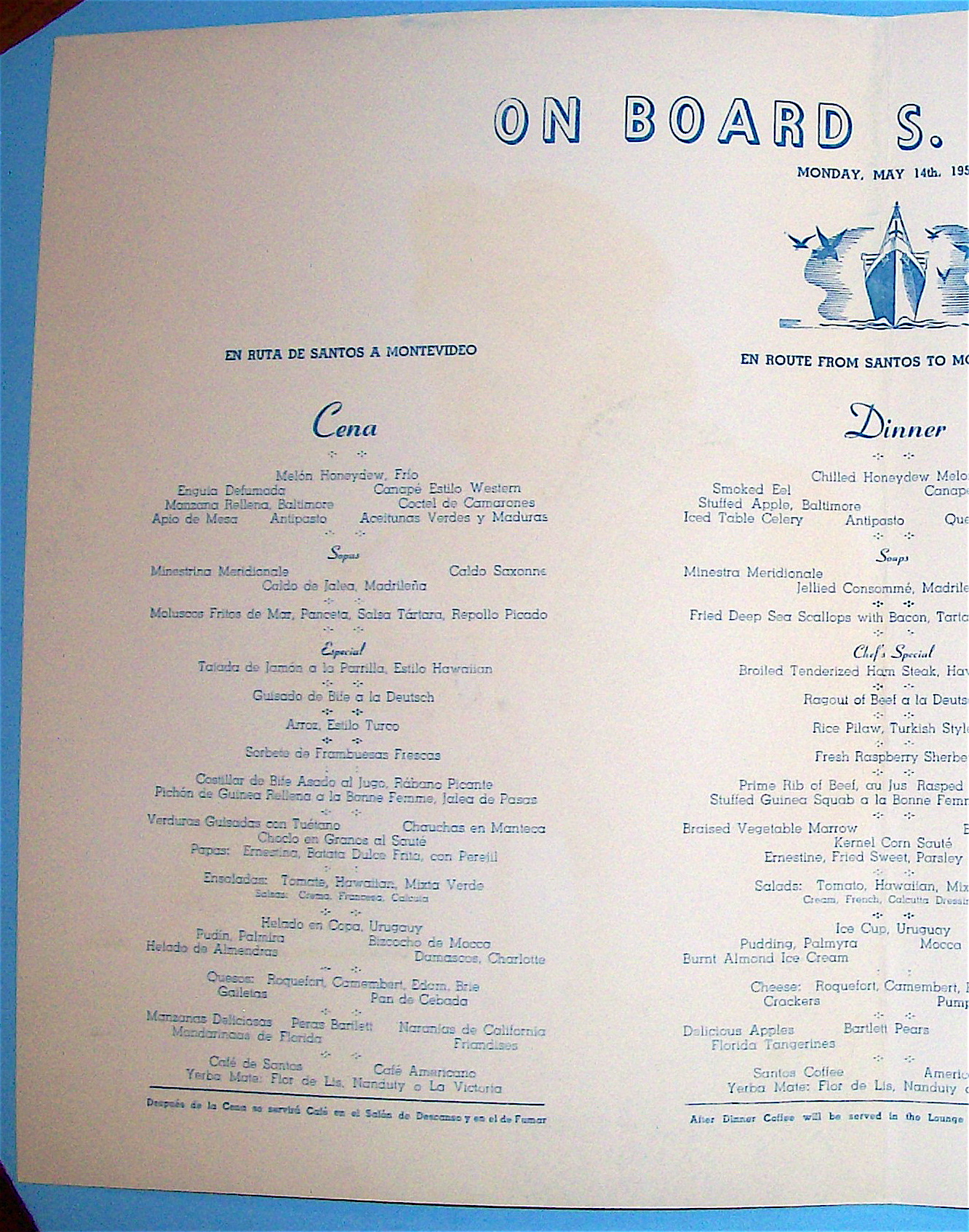 S. S. Brazil Menu (Moore Mc Cormack Lines) May 14, 1956