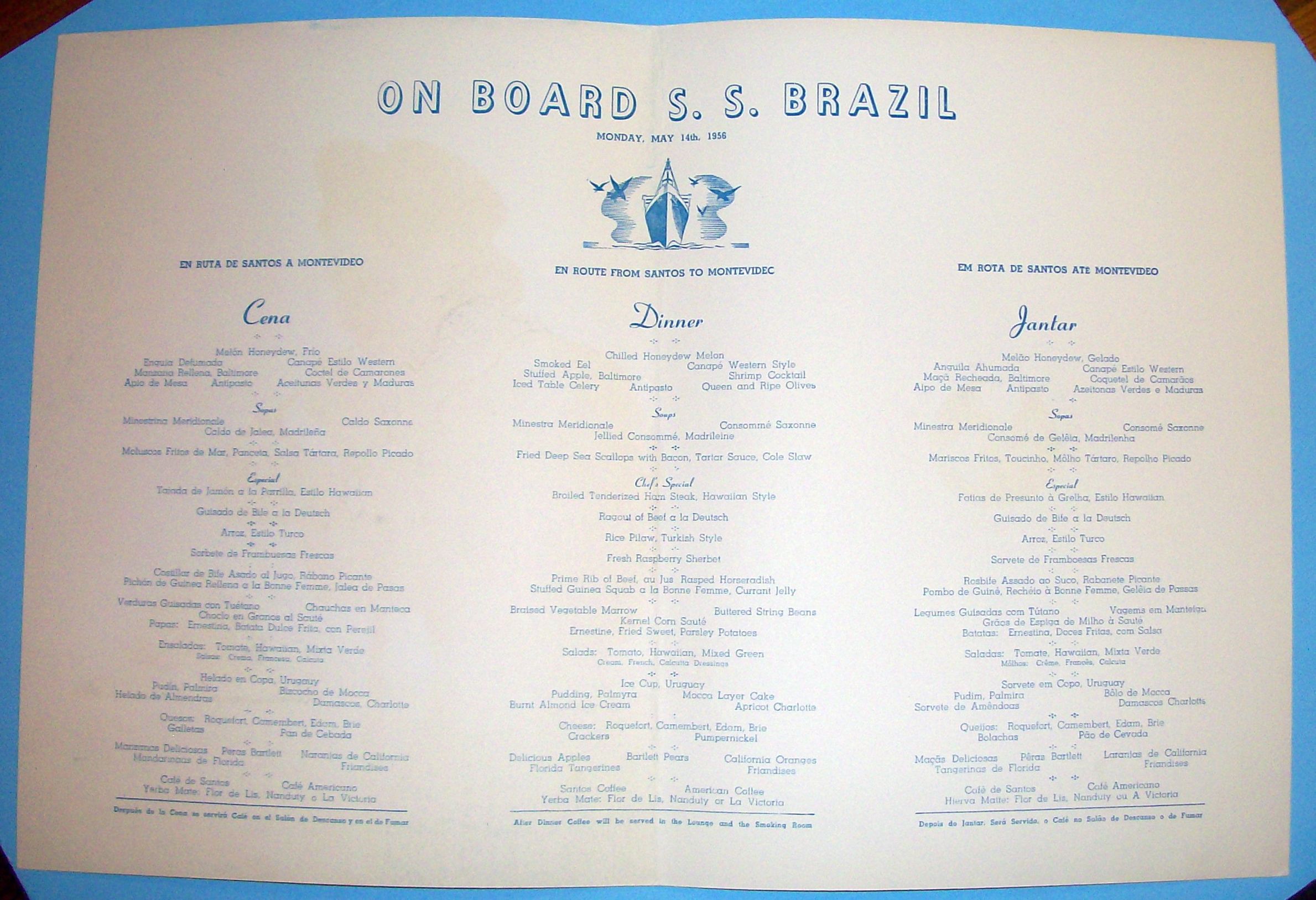 S. S. Brazil Menu (Moore Mc Cormack Lines) May 14, 1956