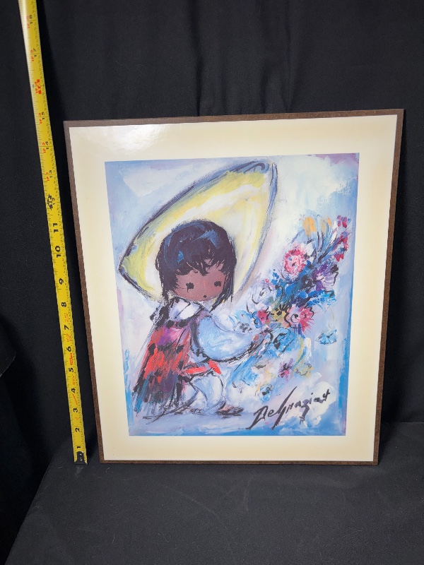 Vintage Ted DeGrazia Laminated Wood Art Plaques Pair Wee Three Flower Vendor