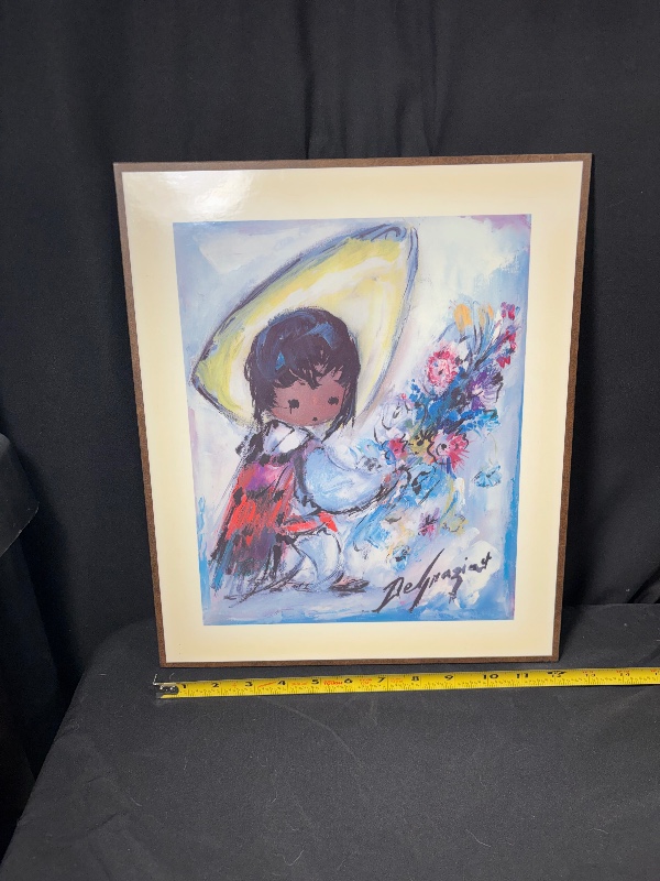 Vintage Ted DeGrazia Laminated Wood Art Plaques Pair Wee Three Flower Vendor