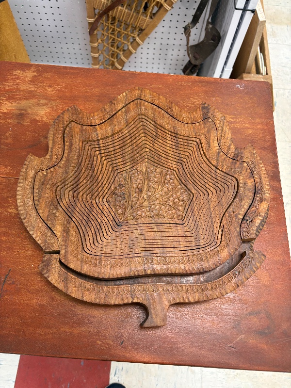 Hand Carved Trivet Basket Folds flat to Serve as Trivet or Wall Decor