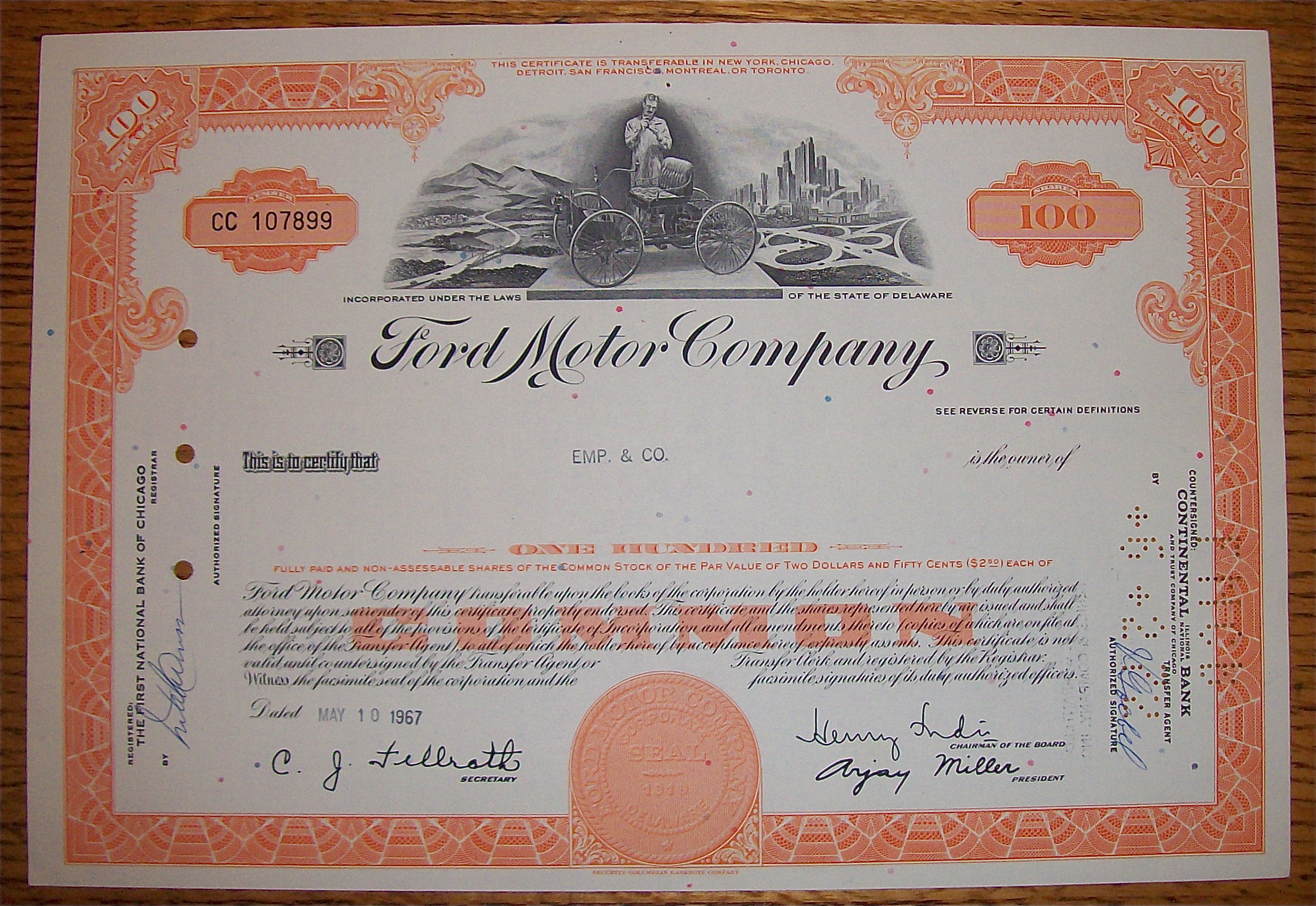 1967 Ford Motor Company 100 Shares Stock Certificate