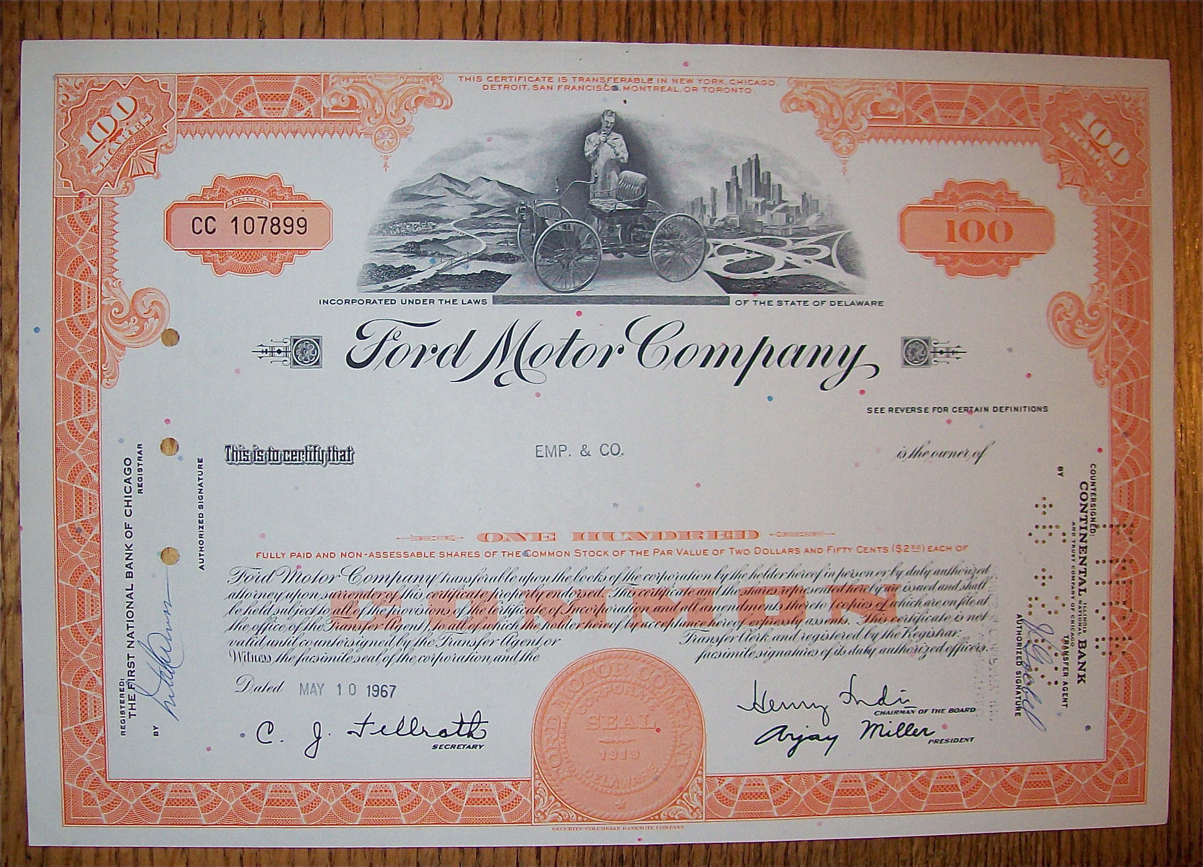 1967 Ford Motor Company 100 Shares Stock Certificate