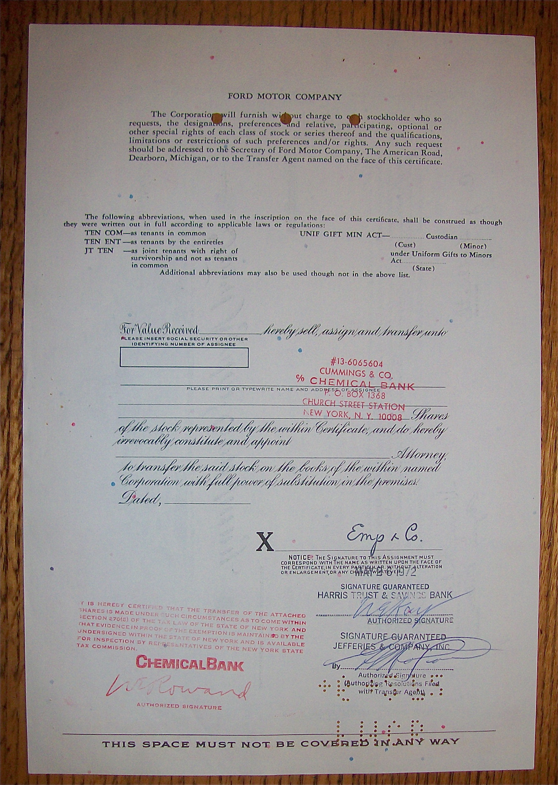 1967 Ford Motor Company 100 Shares Stock Certificate