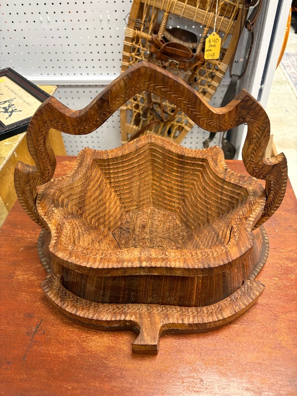Hand Carved Trivet Basket Folds flat to Serve as Trivet or Wall Decor