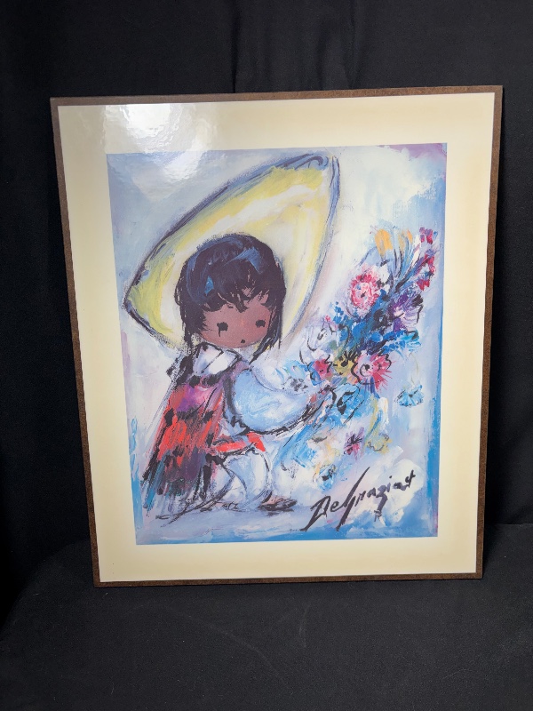 Vintage Ted DeGrazia Laminated Wood Art Plaques Pair Wee Three Flower Vendor