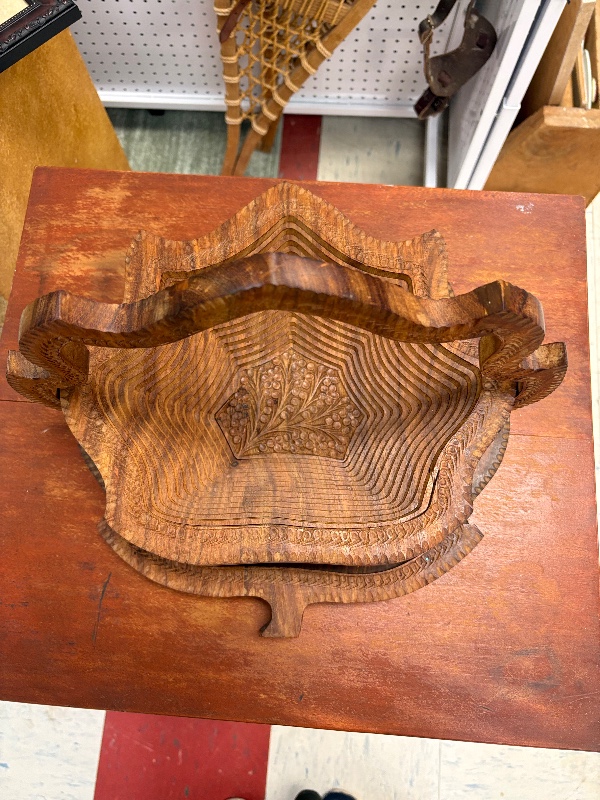 Hand Carved Trivet Basket Folds flat to Serve as Trivet or Wall Decor