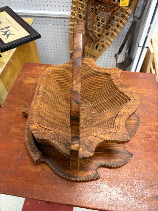Hand Carved Trivet Basket Folds flat to Serve as Trivet or Wall Decor