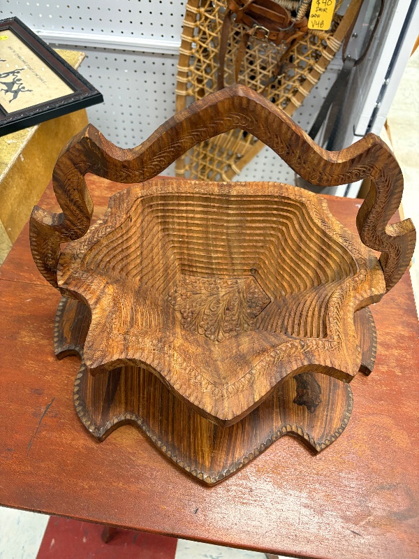 Hand Carved Trivet Basket Folds flat to Serve as Trivet or Wall Decor