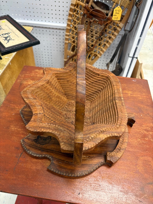 Hand Carved Trivet Basket Folds flat to Serve as Trivet or Wall Decor