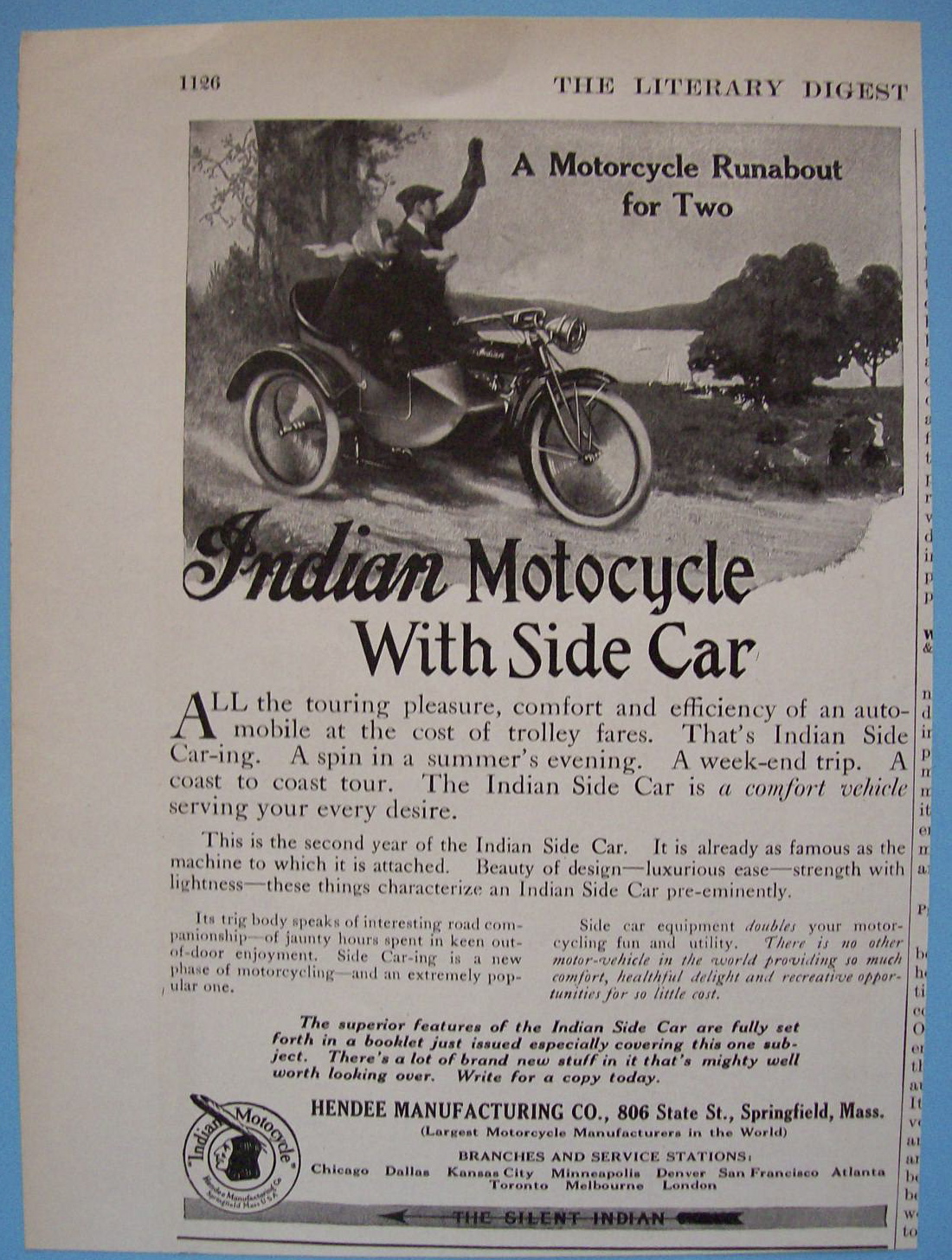 1914 Indian Motorcycle with Side Car with Man & Woman