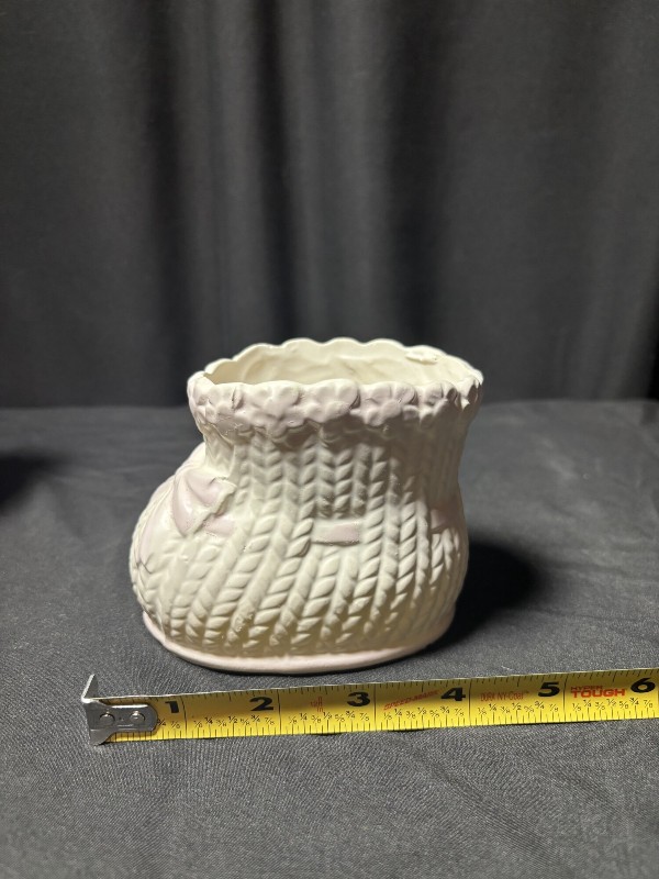 Vintage Ceramic Baby Shower Decor Set: Baby Shoe Planter, Block Planter, and 'It's a Girl' Toppers