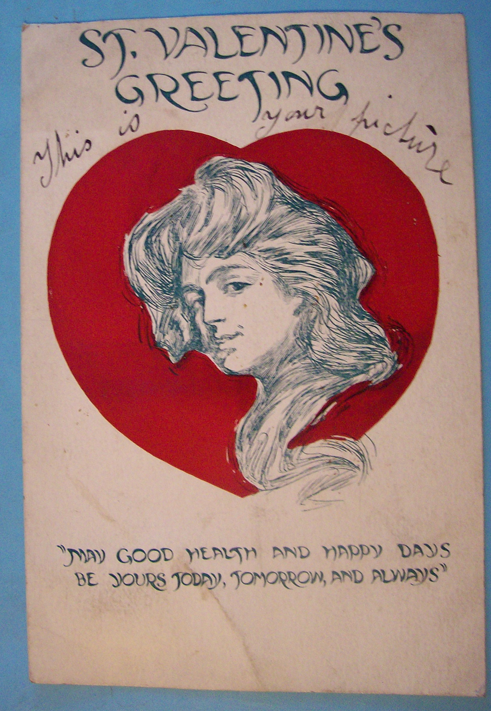 St. Valentines Greeting Postcard with Woman & Heart