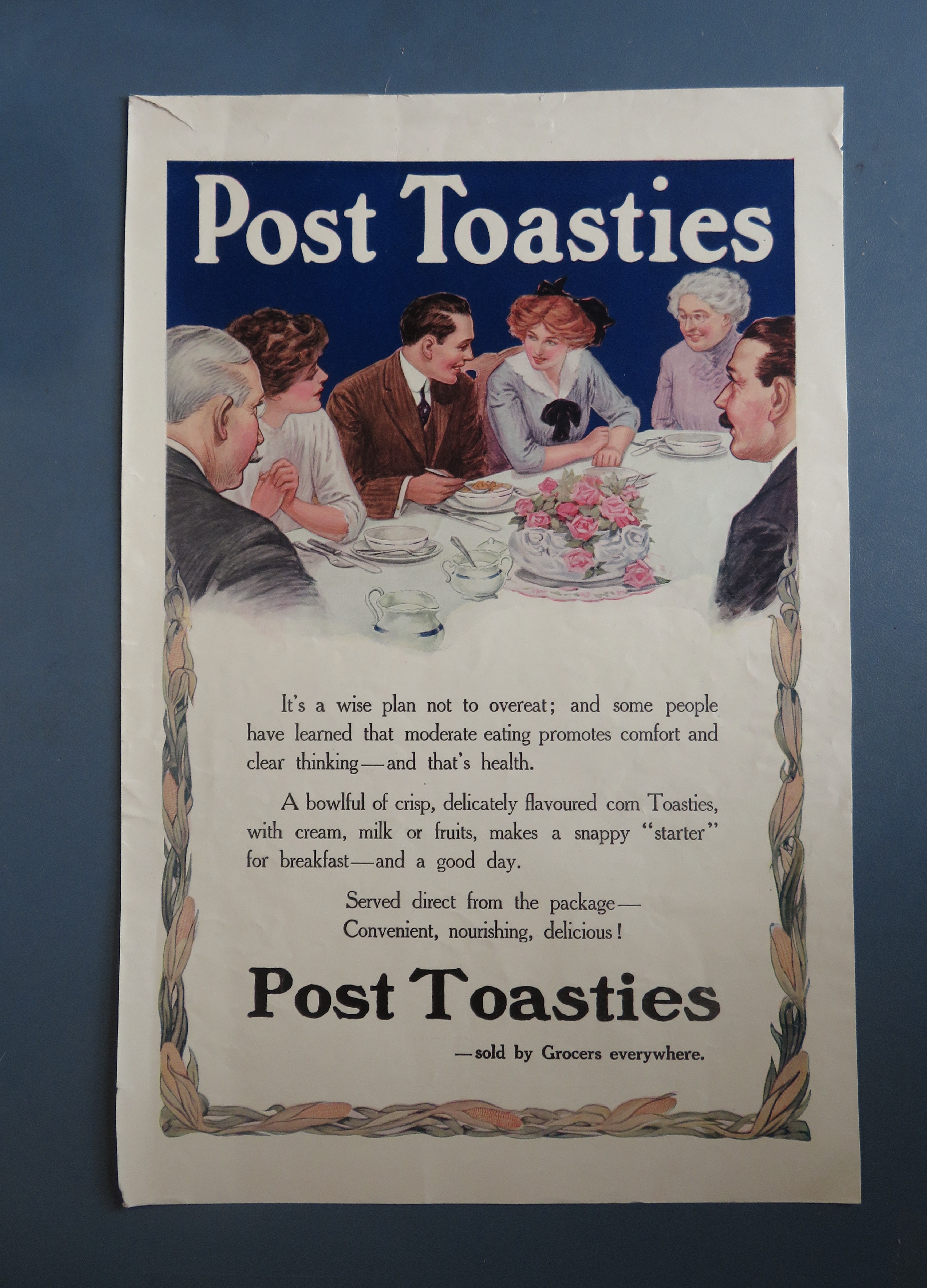 1910's Post Toasties Cereal w/ Family Having Breakfast