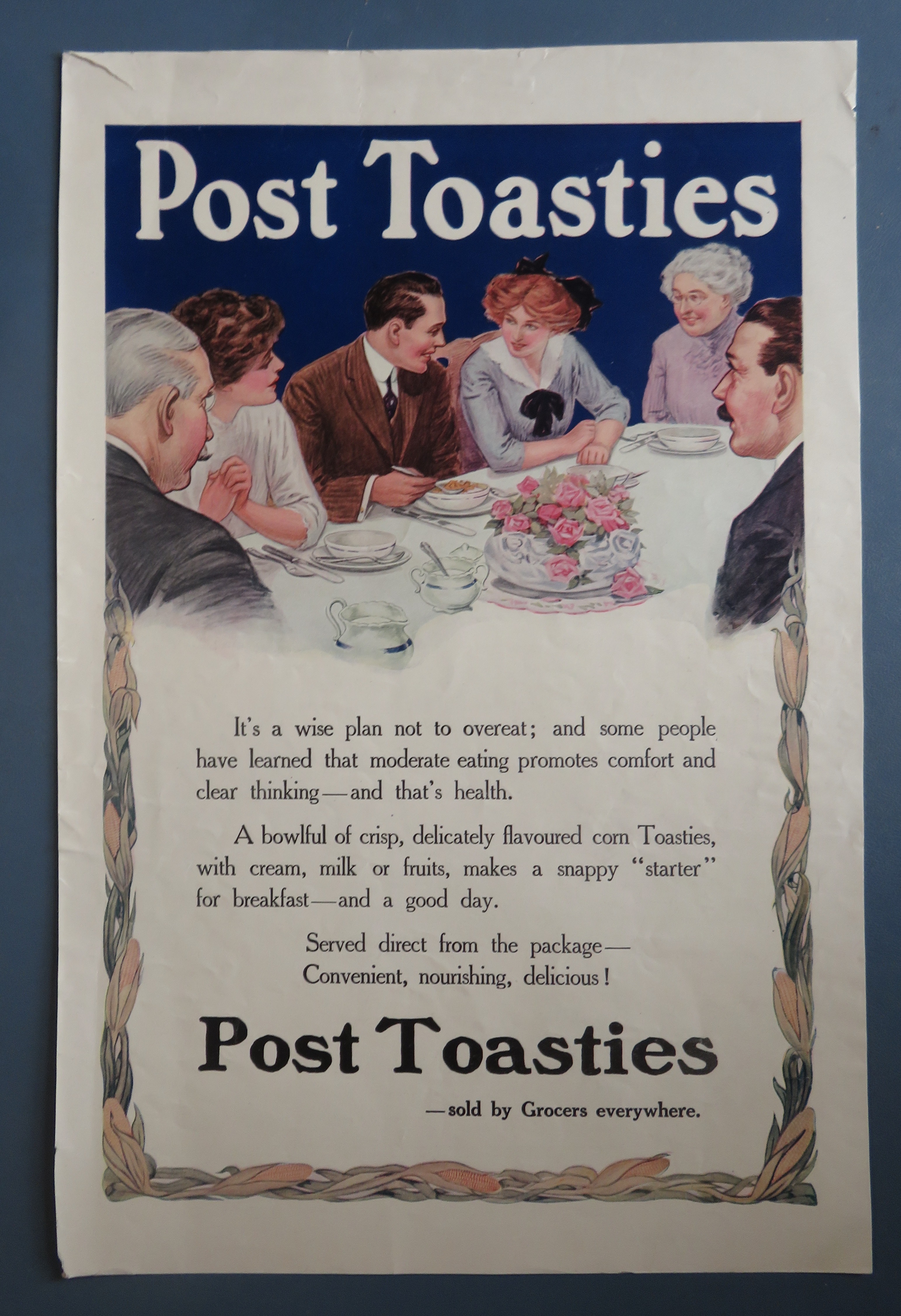 1910's Post Toasties Cereal w/ Family Having Breakfast