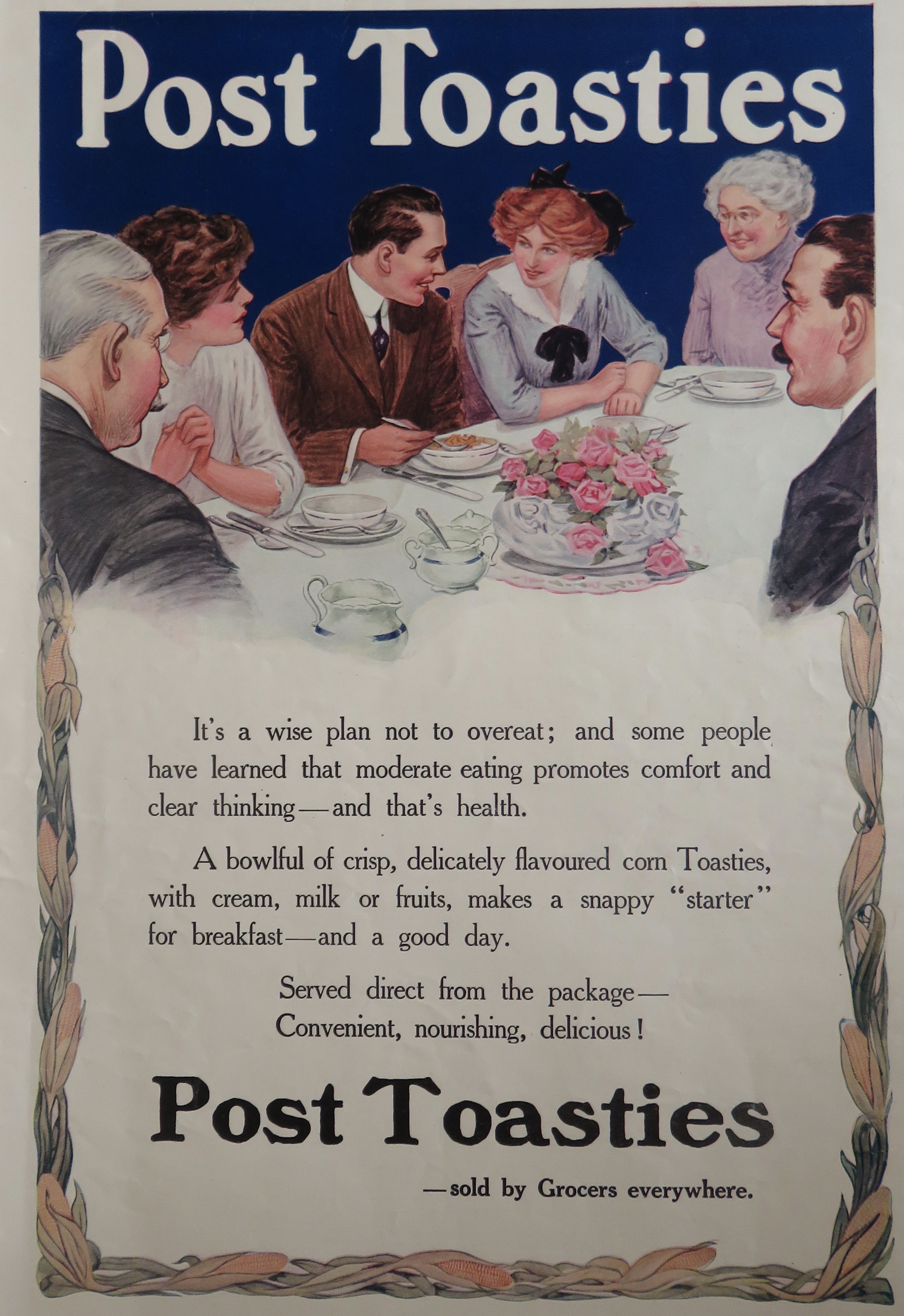 1910's Post Toasties Cereal w/ Family Having Breakfast