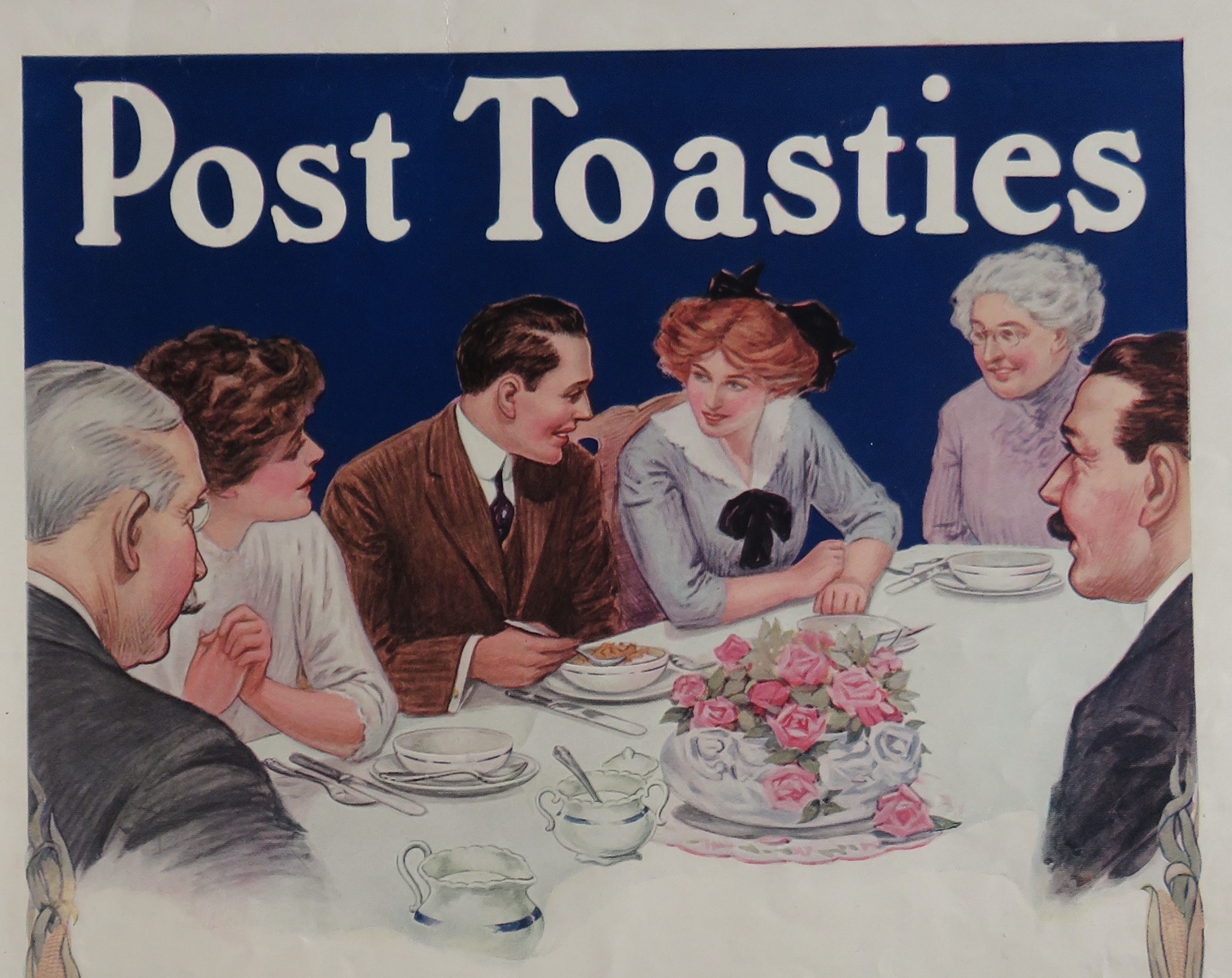 1910's Post Toasties Cereal w/ Family Having Breakfast