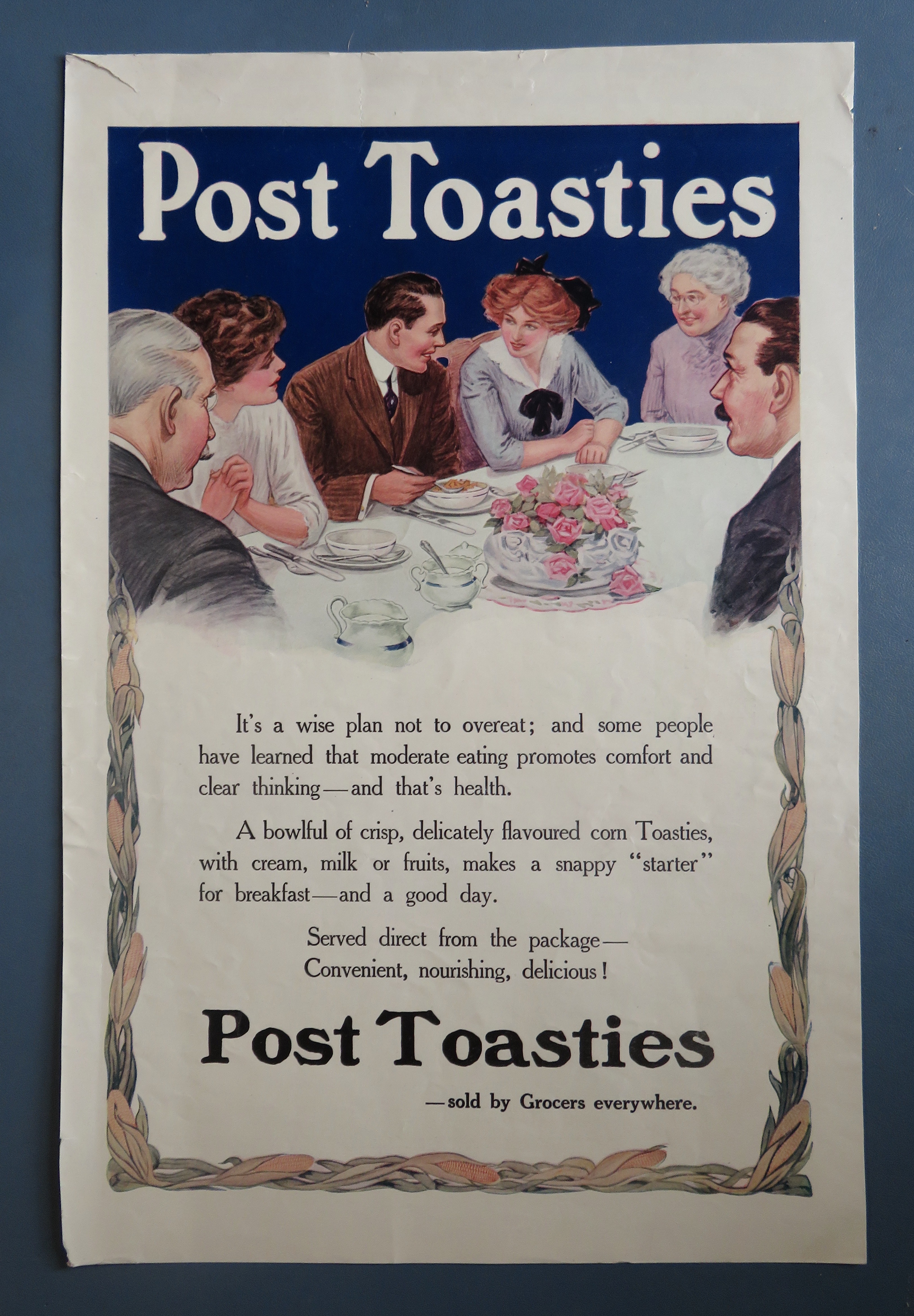 1910's Post Toasties Cereal w/ Family Having Breakfast