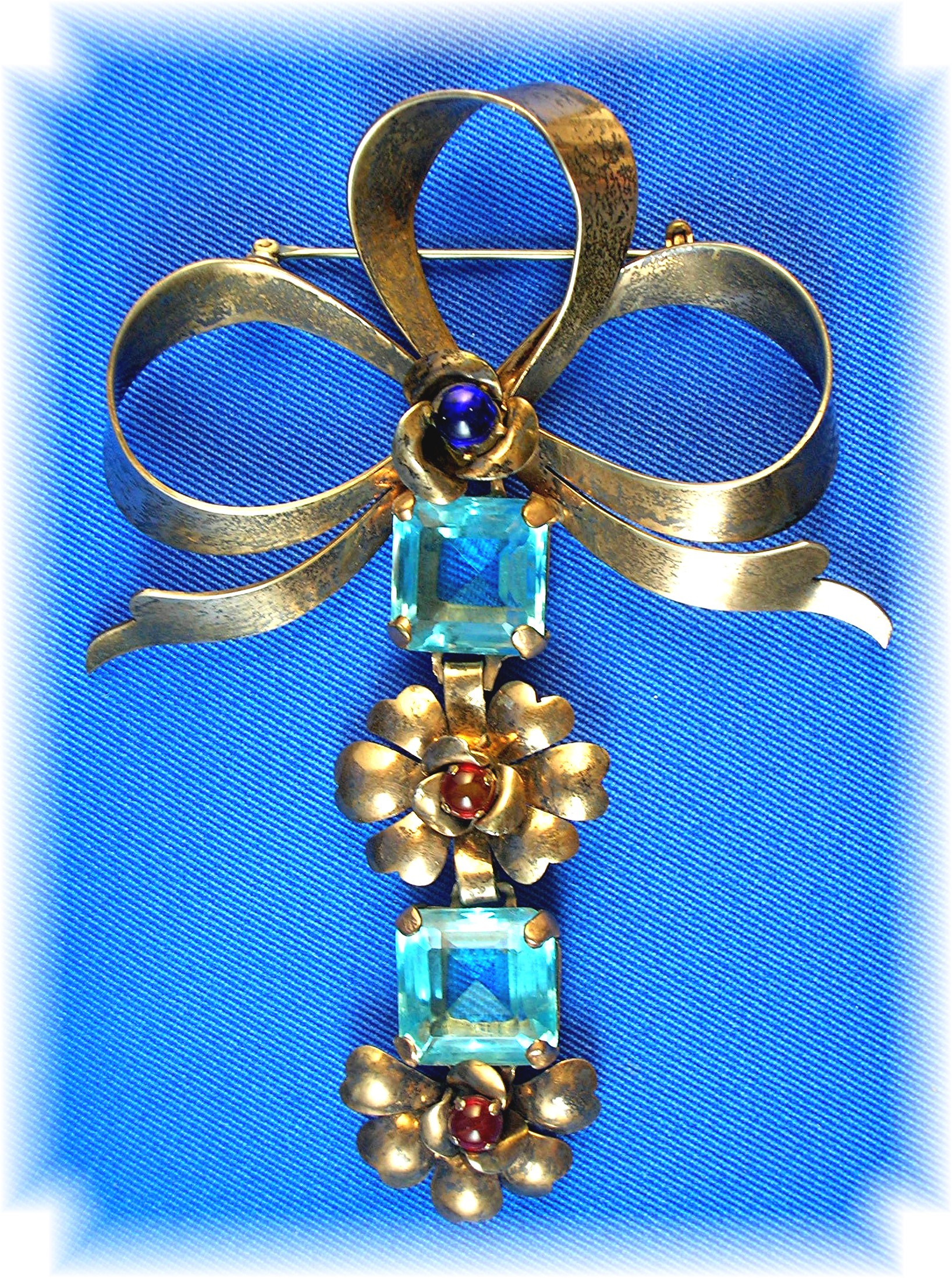 Antique Gold Vermeil Silver Silver  Blue Flower Brooch