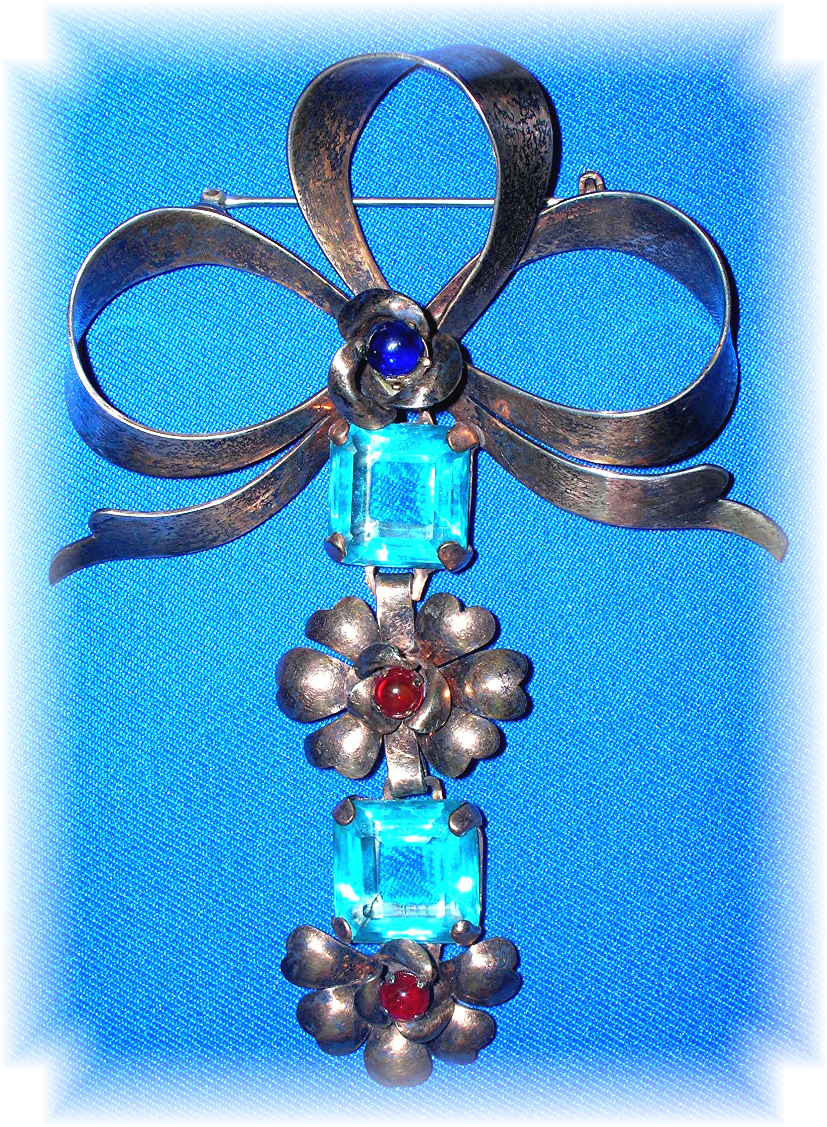 Antique Gold Vermeil Silver Silver  Blue Flower Brooch