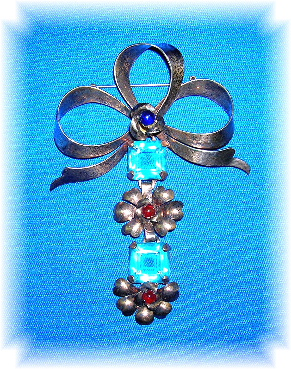 Antique Gold Vermeil Silver Silver  Blue Flower Brooch