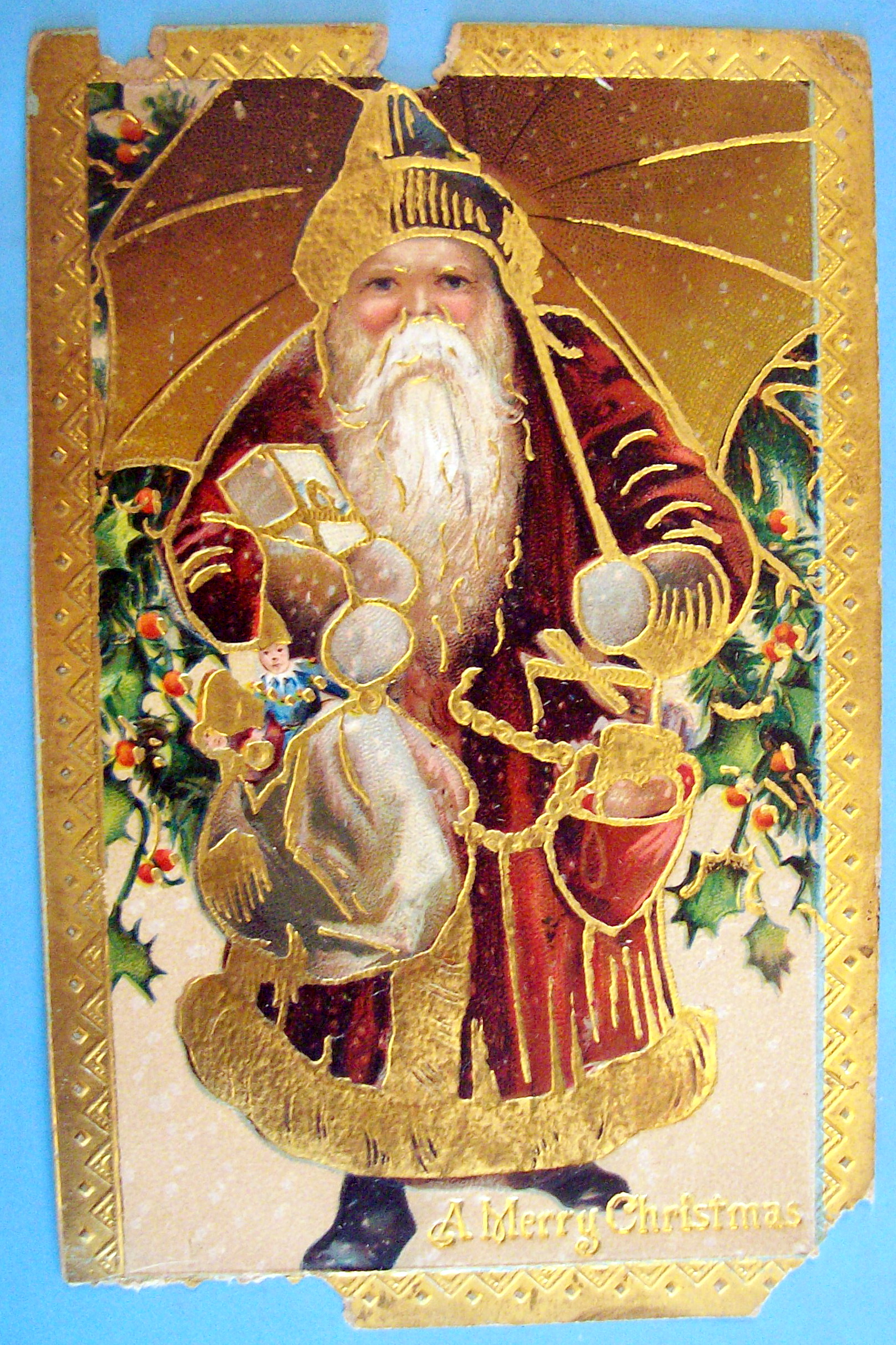 A Merry Christmas Postcard w/Santa Claus (Embossed)