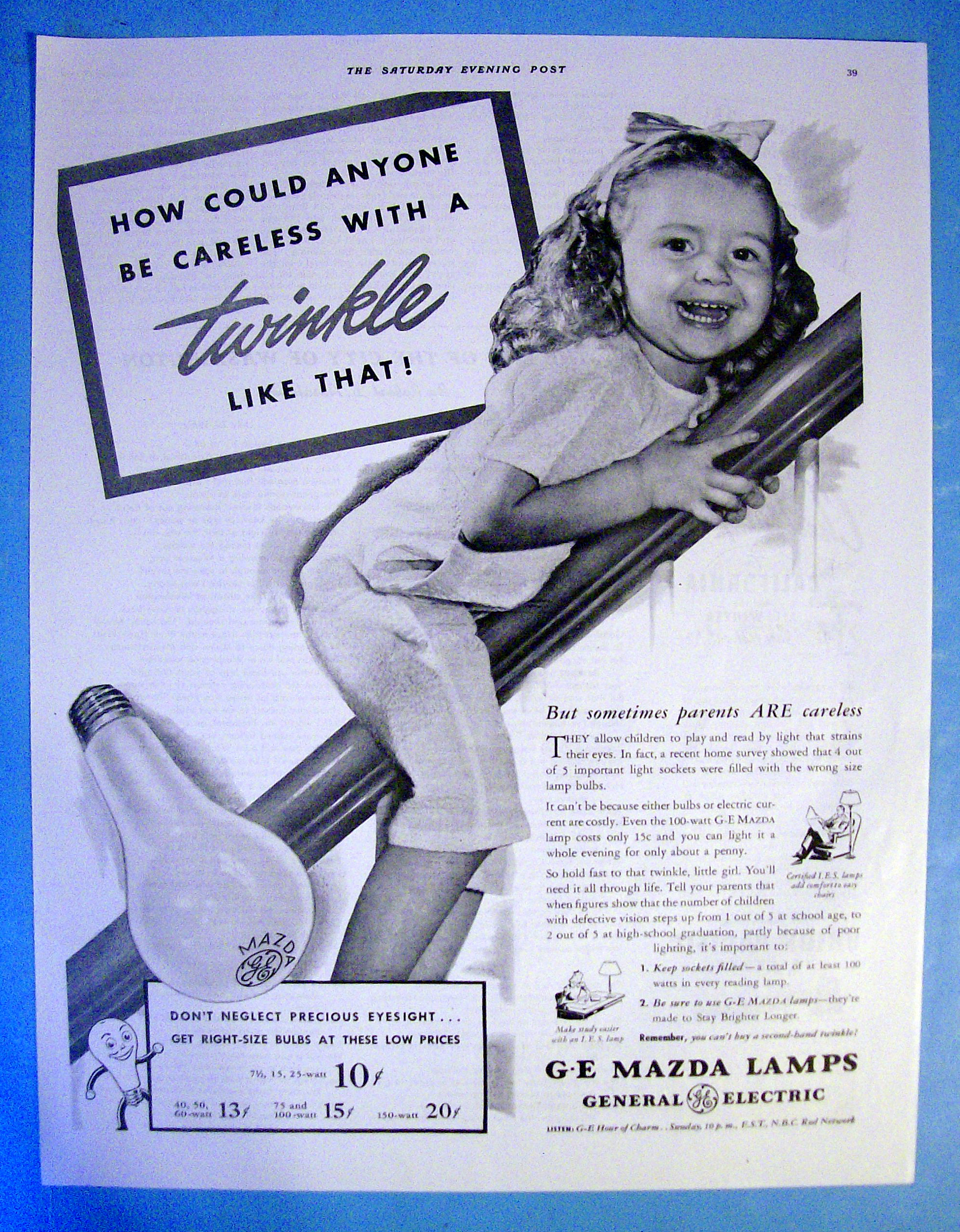 1941 GE Mazda Lamps with Girl on Railing