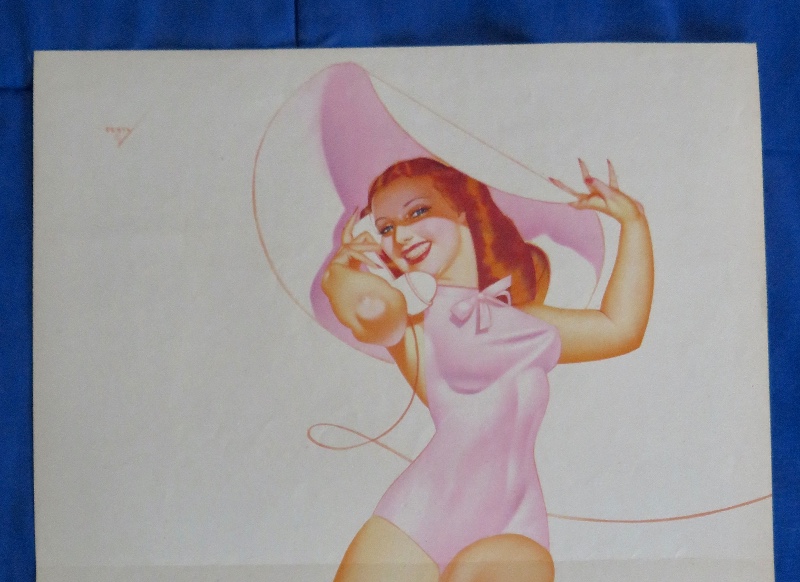 Original 1945 Sexy Red Haired Pin Up Girl Wearing Pink Outfit & Pink Hat While Talking On Telephone By George Petty