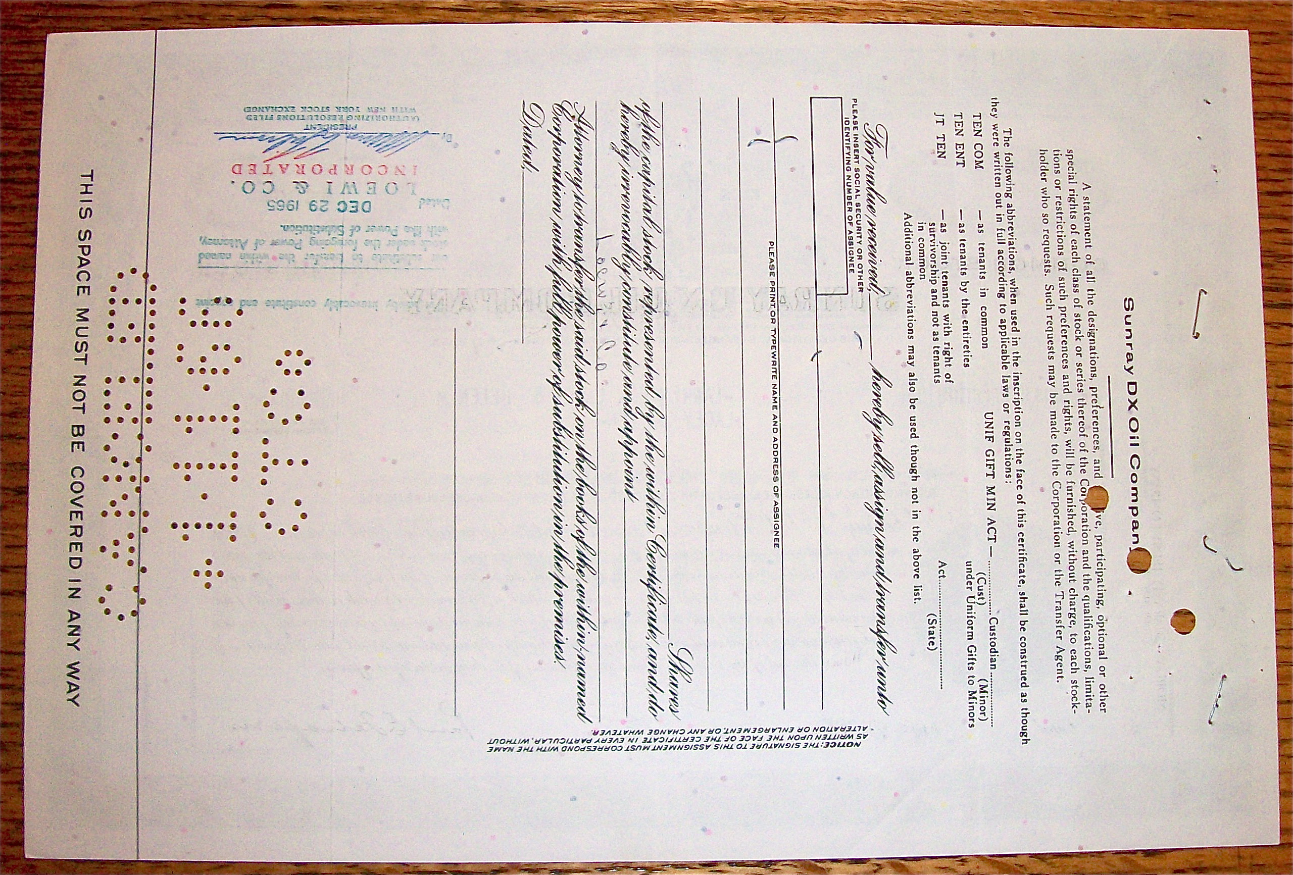 1965 Sunray DX Oil Company Stock Certificate
