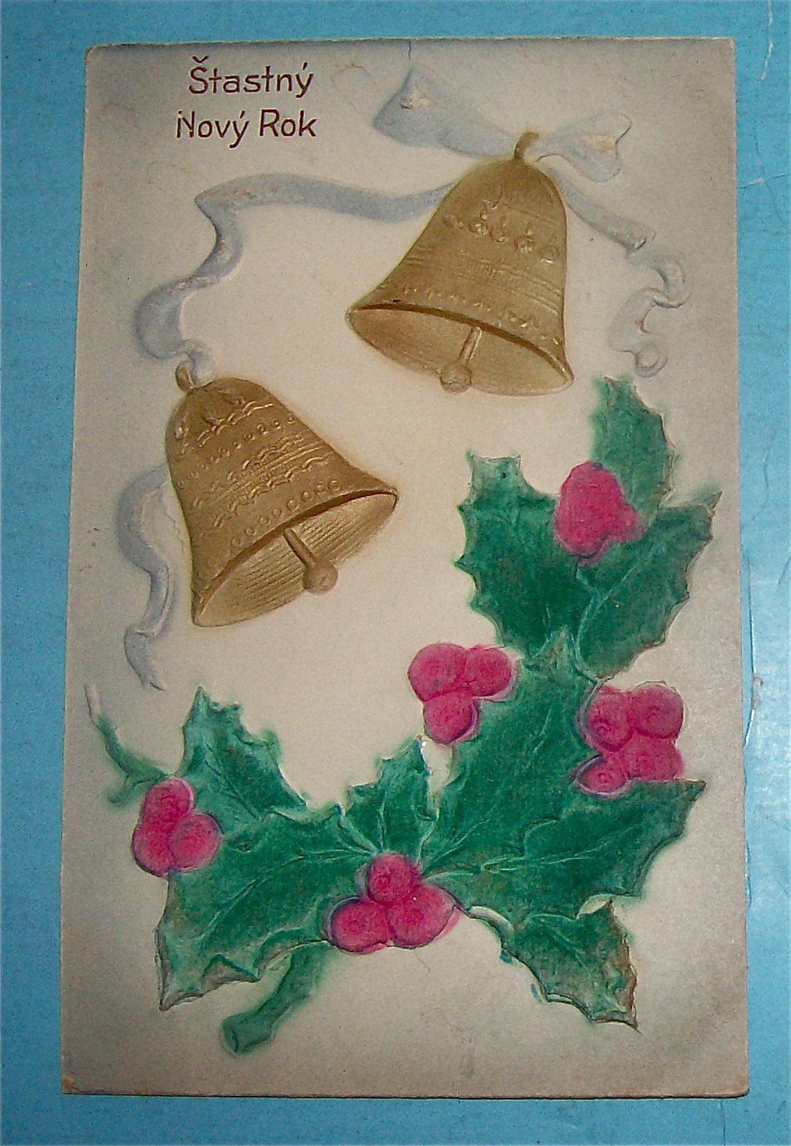 Stastny Novy Rok Postcard with Two Bells & Mistletoe