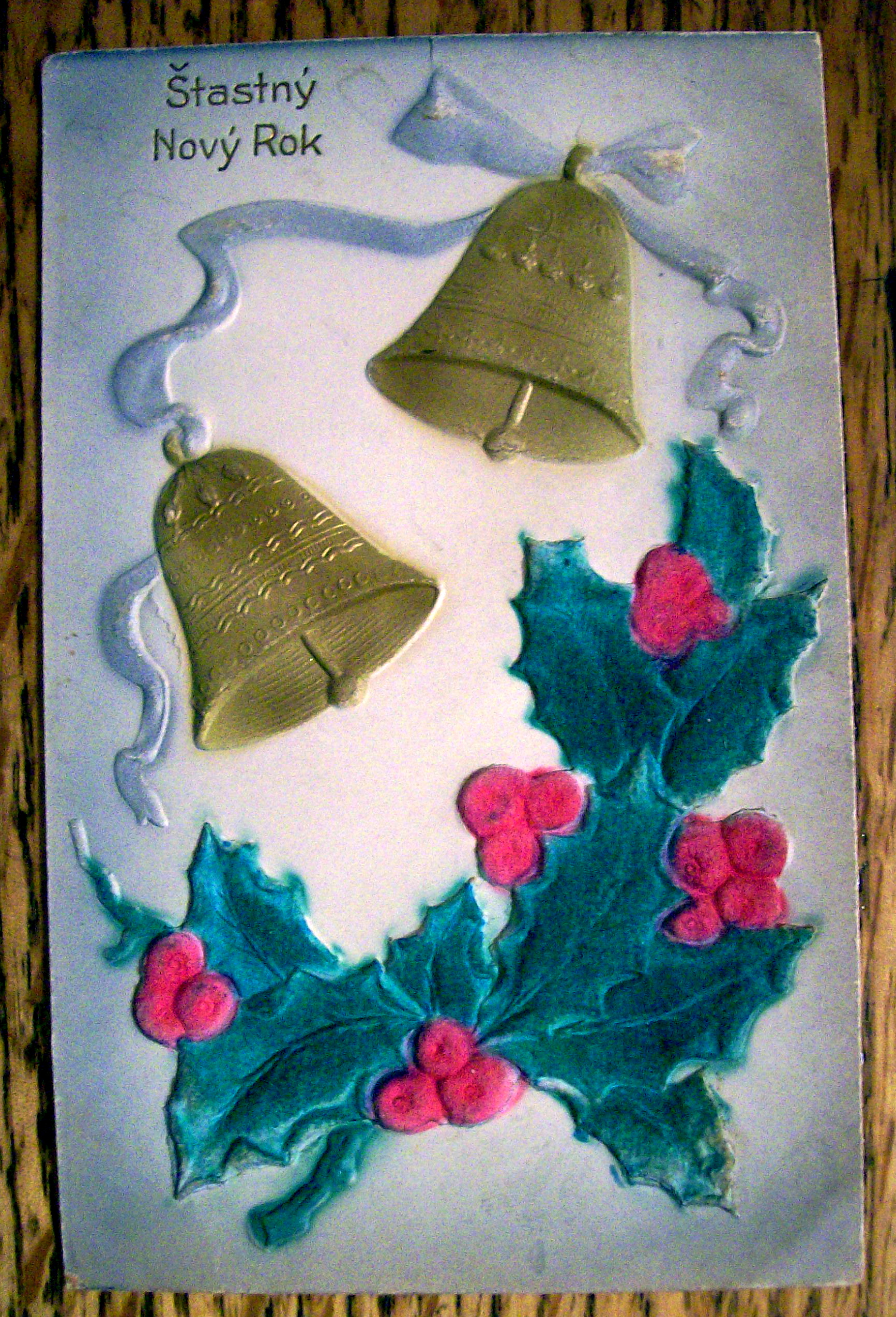 Stastny Novy Rok Postcard with Two Bells & Mistletoe