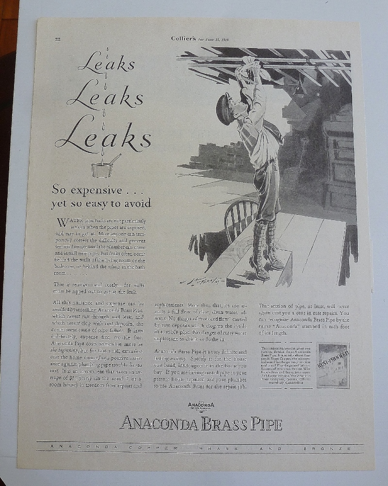 1929 Anaconda Brass Pipe With Boy Fixing Leak