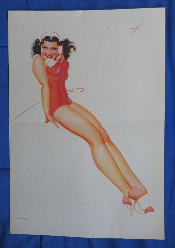 Original 1945 Sexy Pin Up Lovely Dark Haired Girl Wearing A Red Suit While Talking On Telephone By George Petty