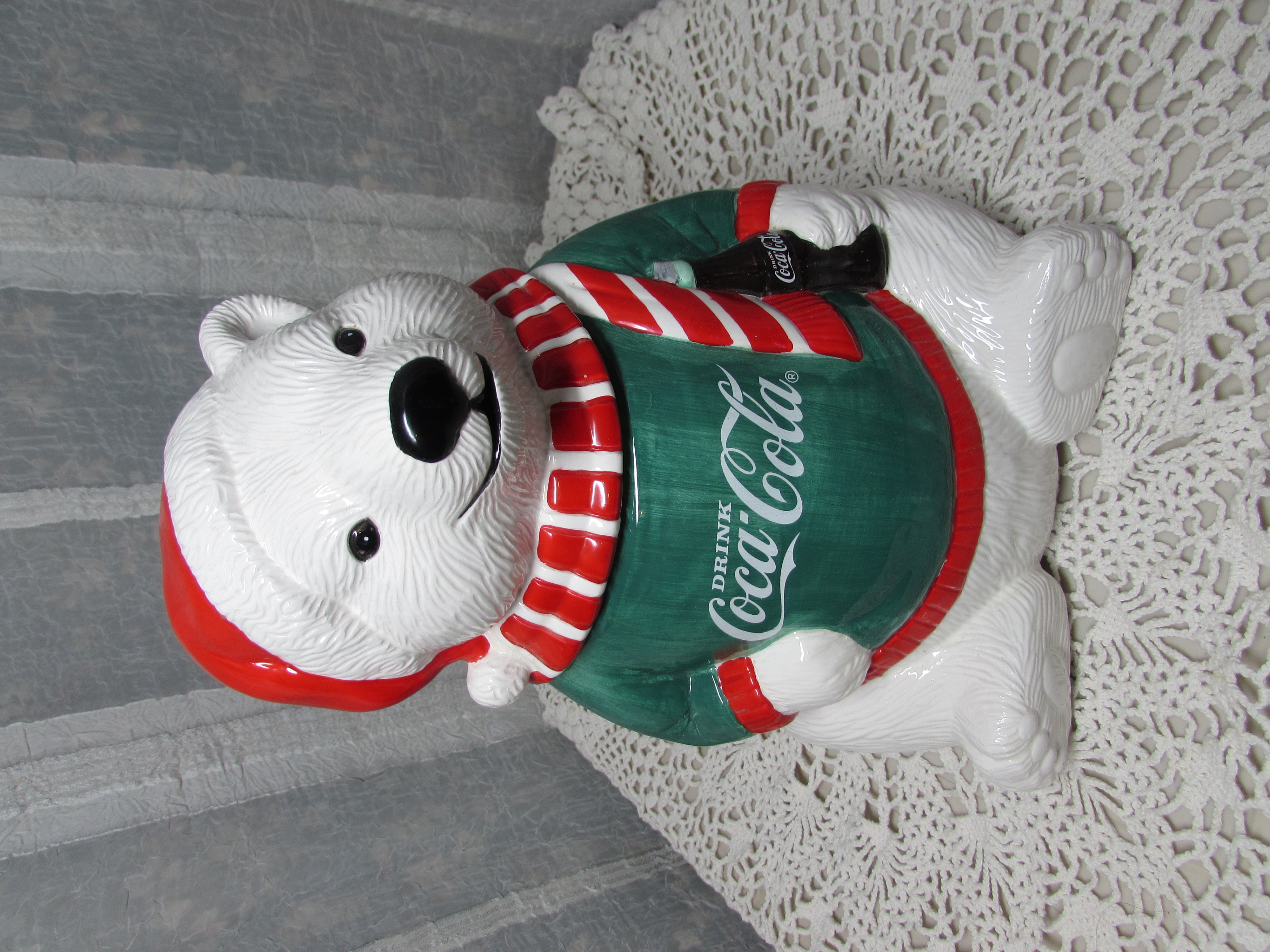 Coca Cola Polar Bear Green Sweater Cookie Jar 1995