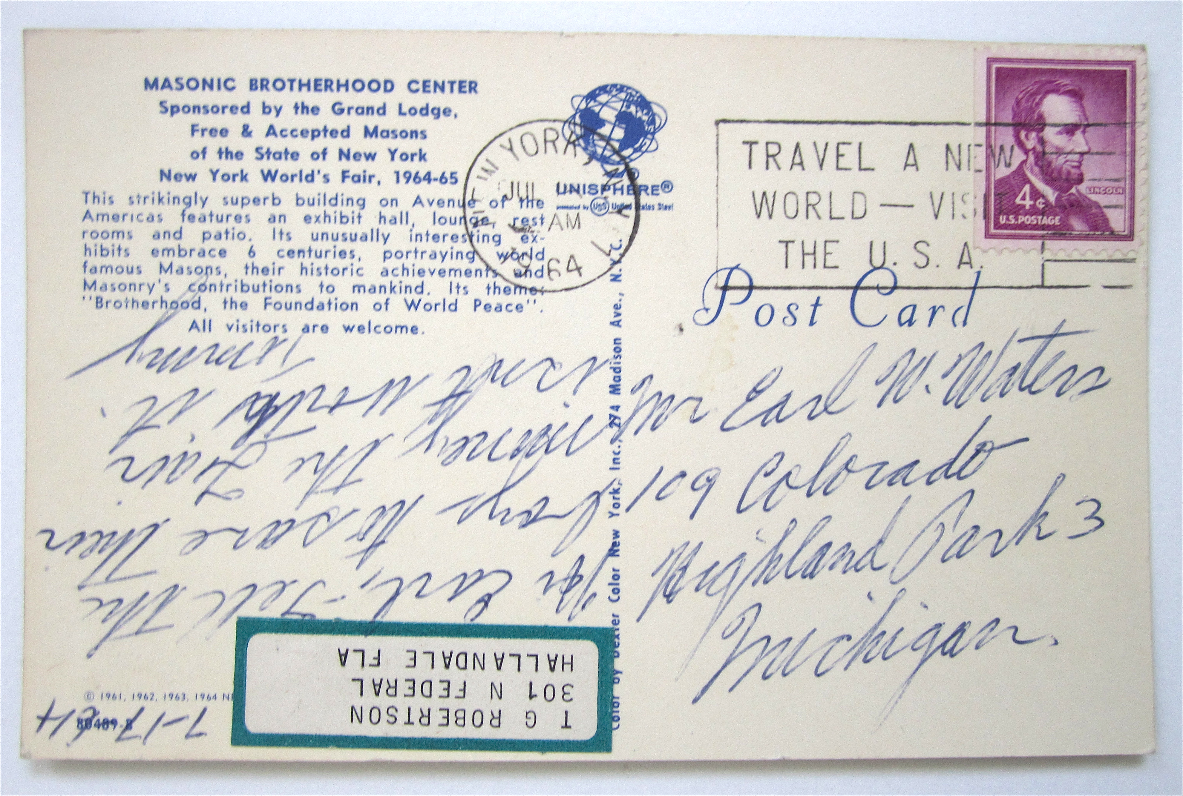Masonic Brotherhood Center, New York Fair Postcard