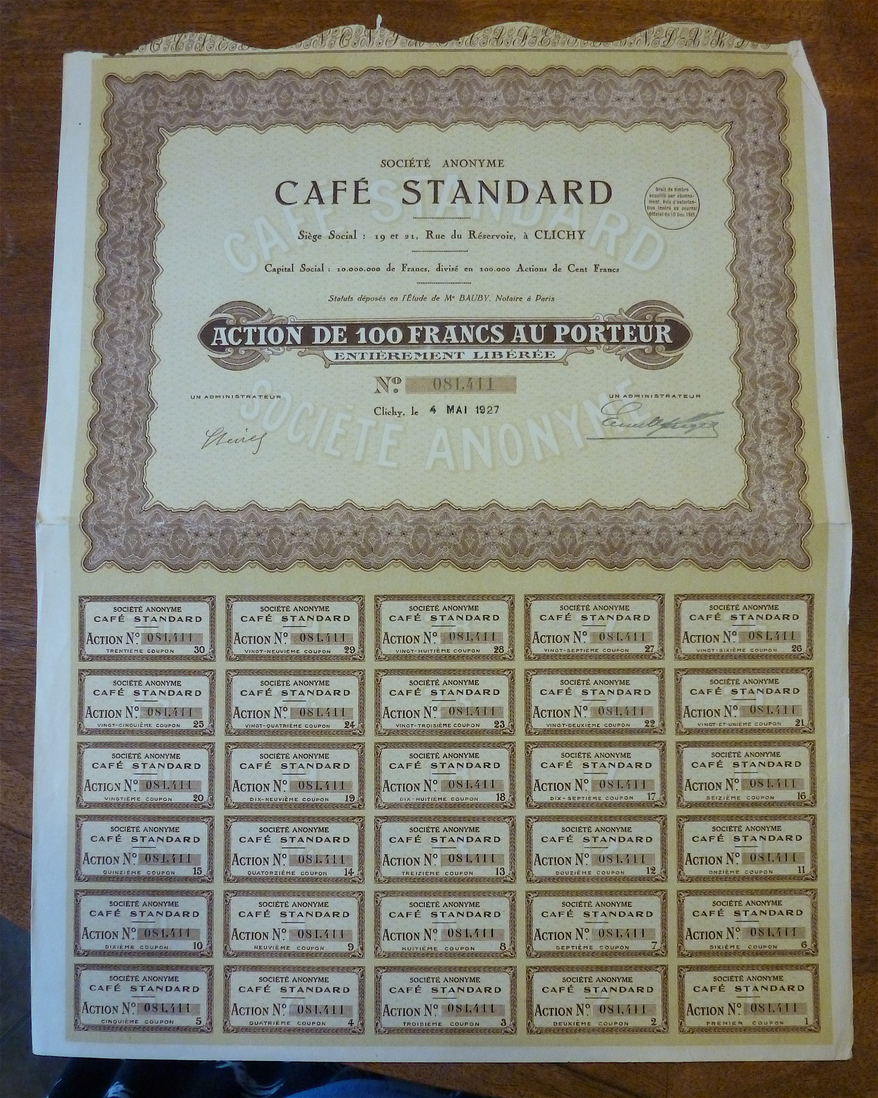 1927 Cafe Standard Stock Certificate
