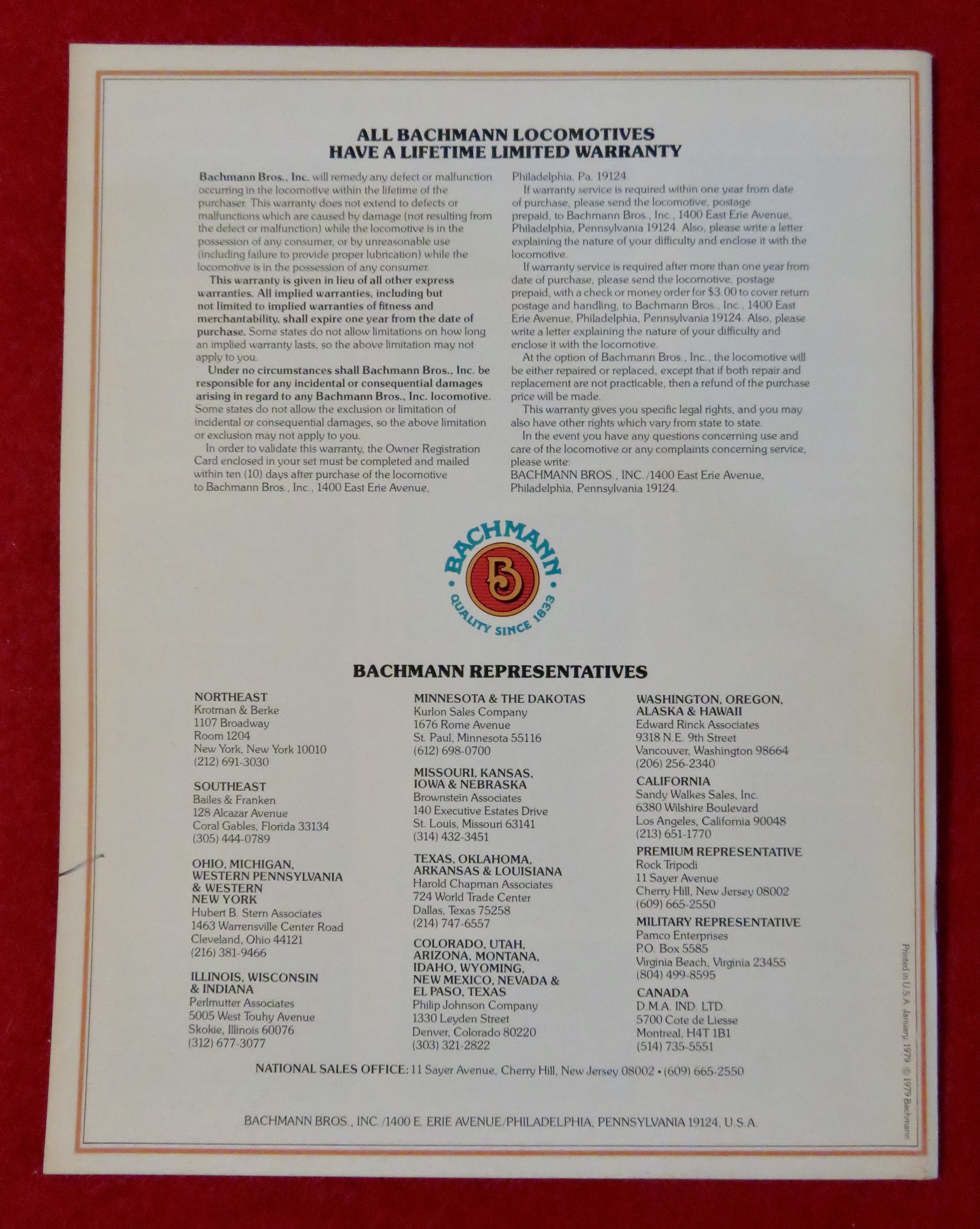 Bachmann Model Railroad Train Catalog 1979